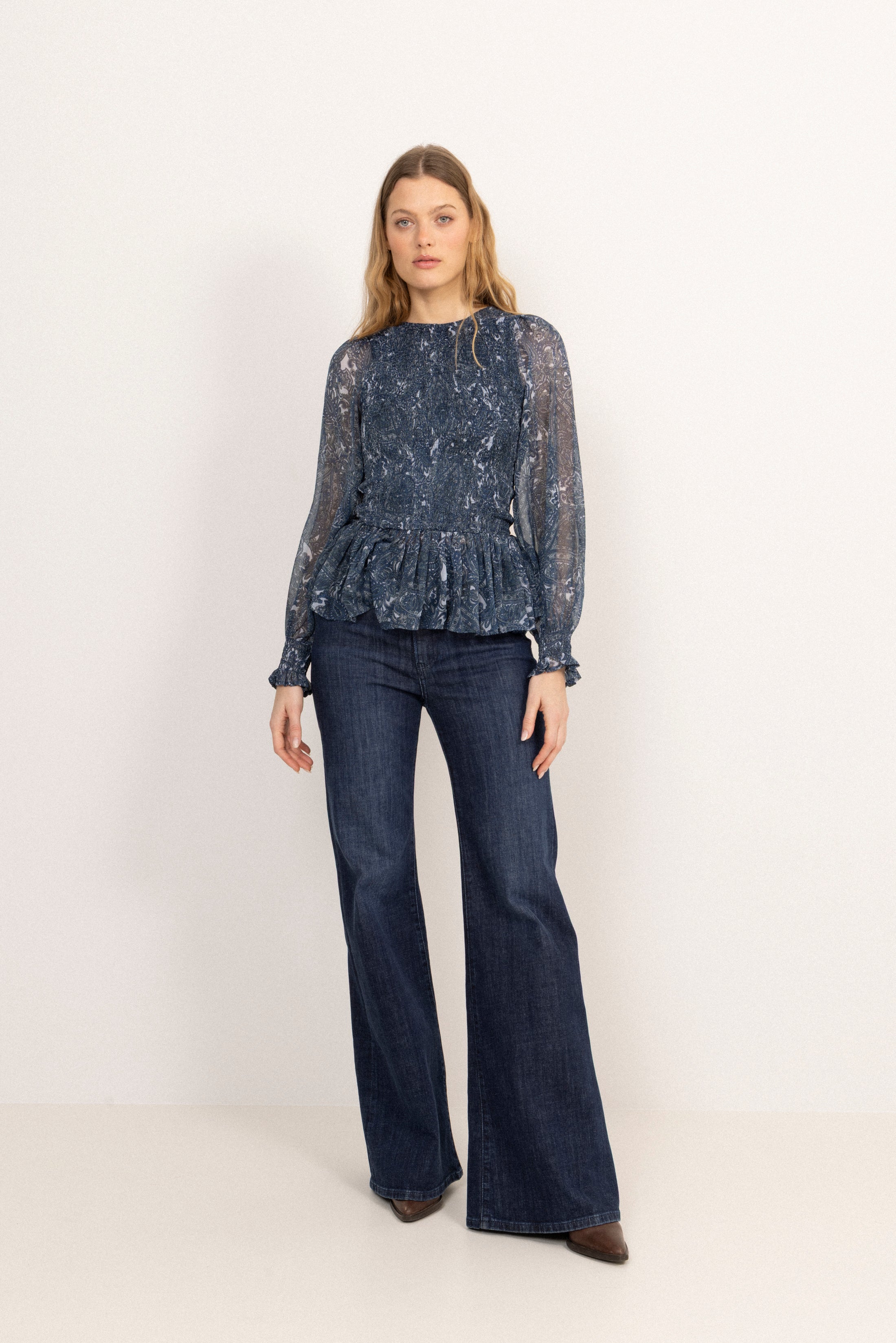 Rira Smock Chiffon Blouse - Blue Paisley