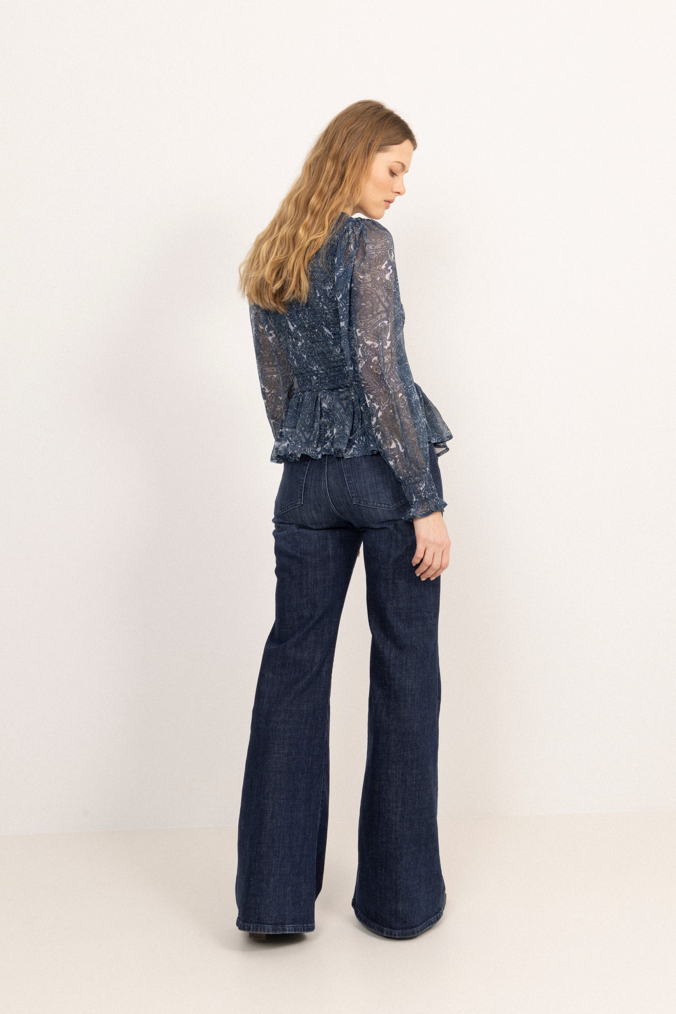 Rira Smock Chiffon Blouse - Blue Paisley