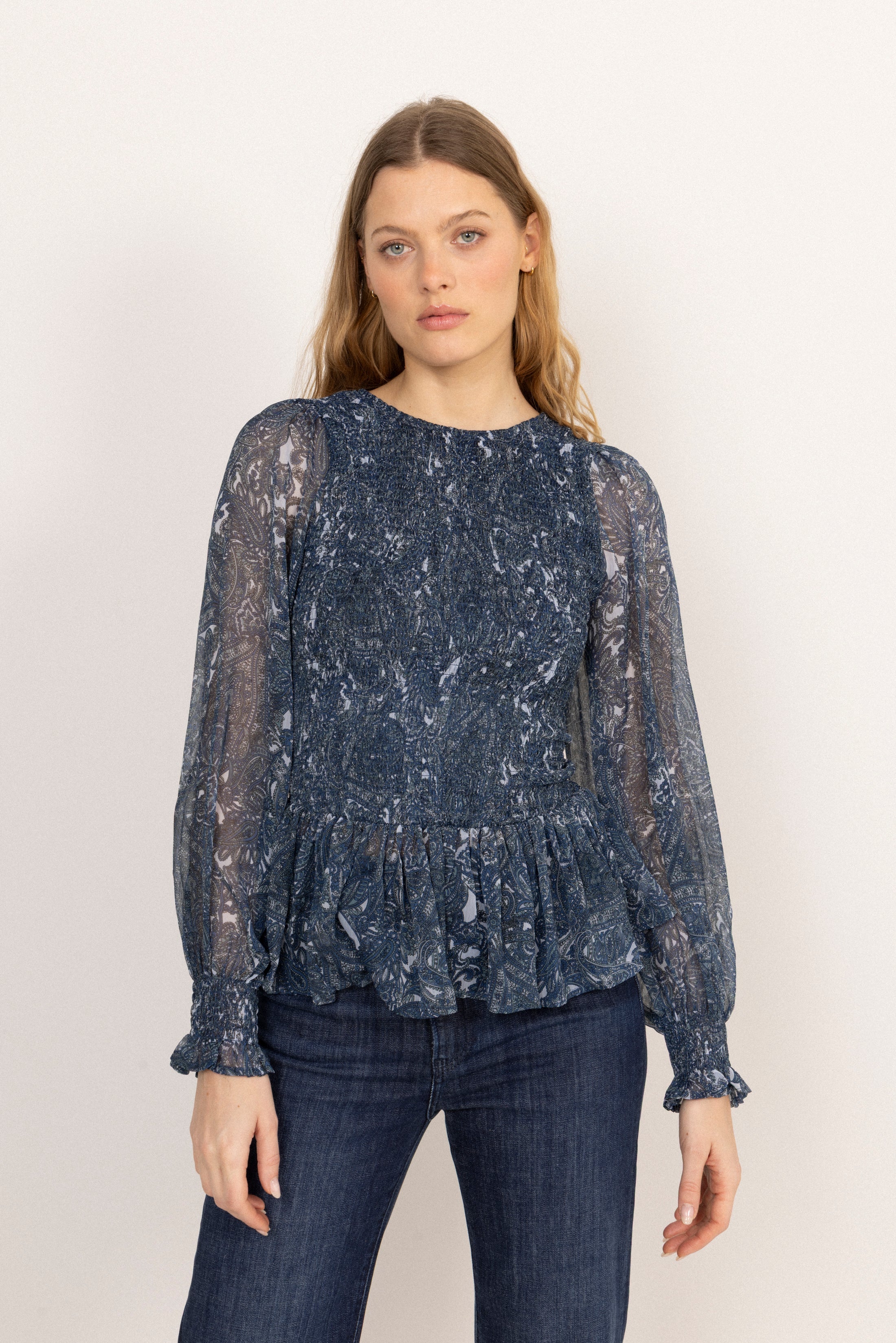 Rira Smock Chiffon Blouse - Blue Paisley