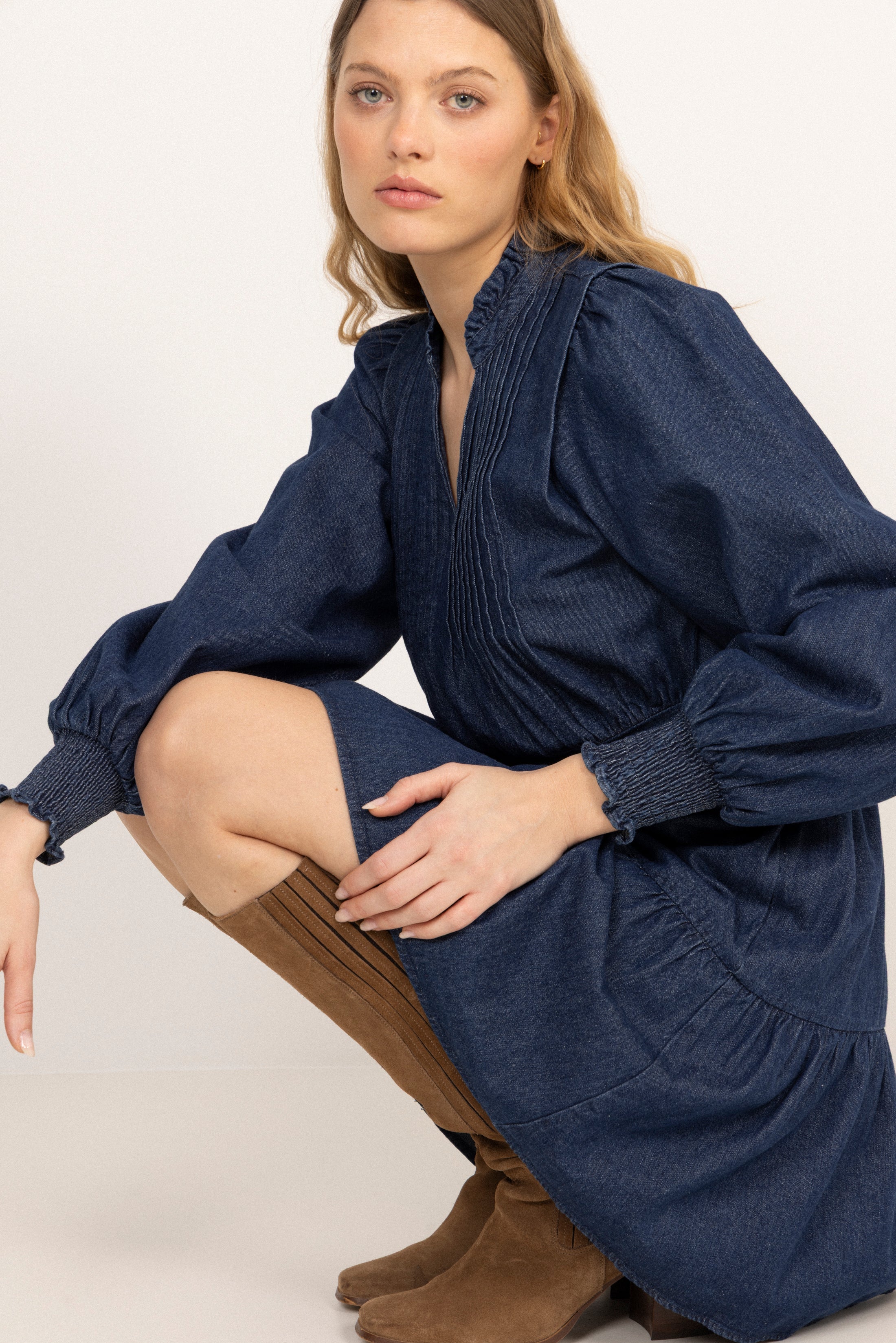 Evina Denim Solid Dress - Blue