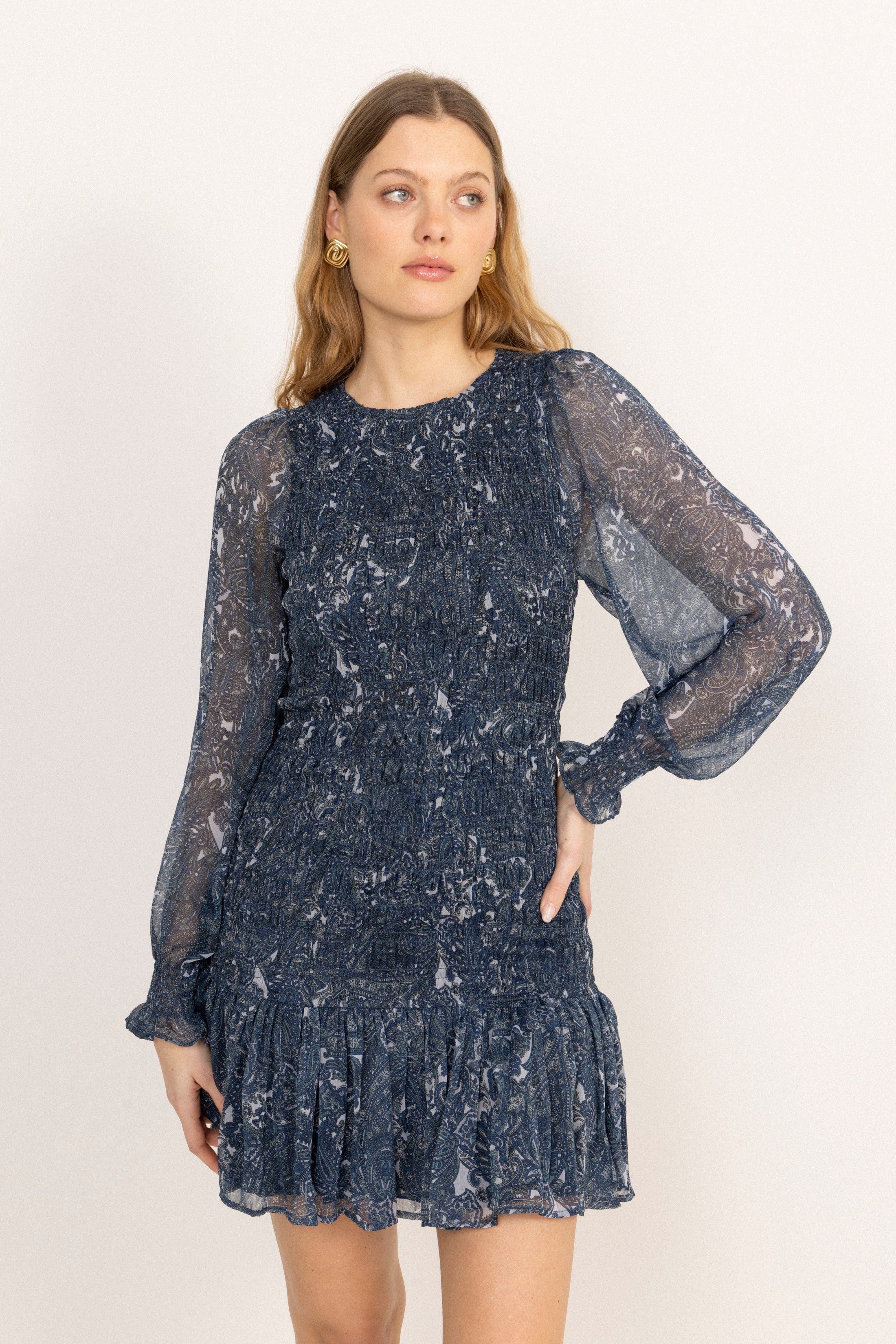 Rira Smock Chiffon Dress - Blue Paisley