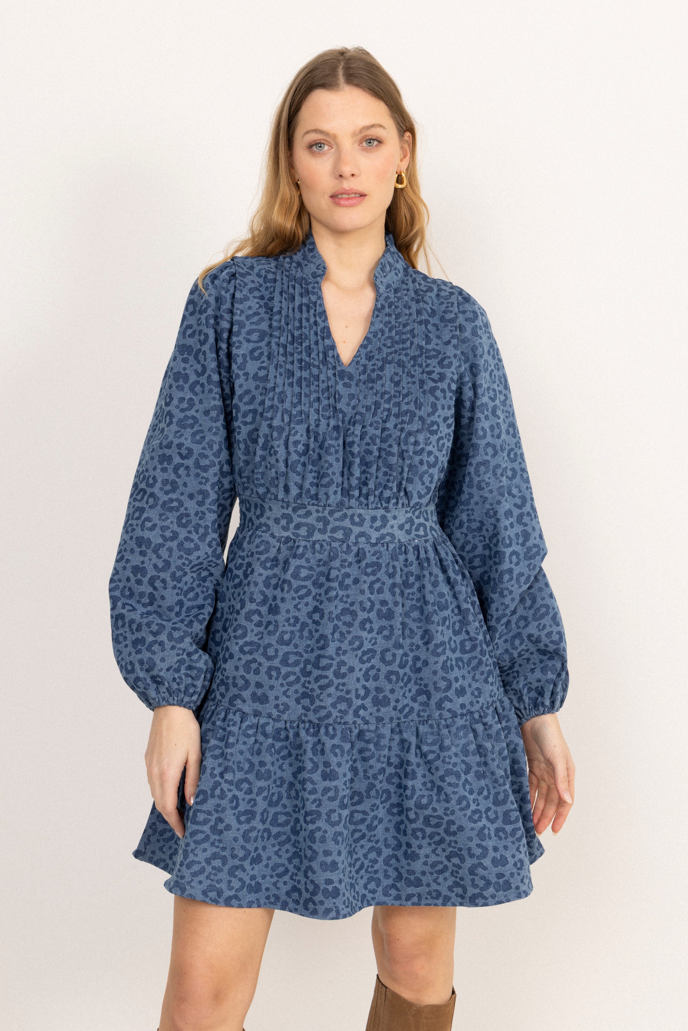 Evina Denim Leo Dress - Blue Leopard