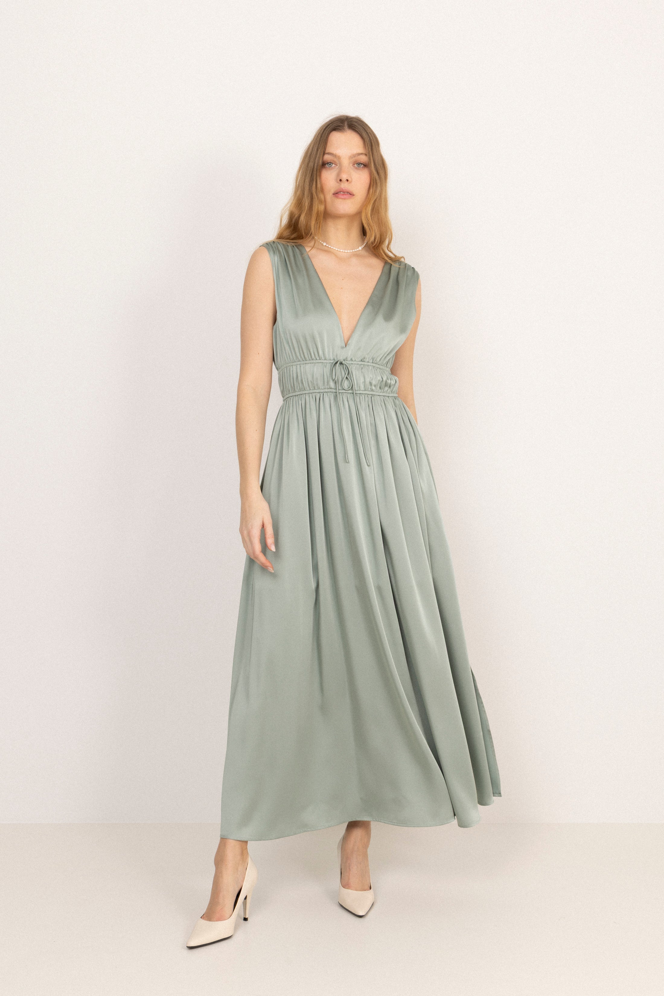 Martine Satin Maxi Dress - Sage Green