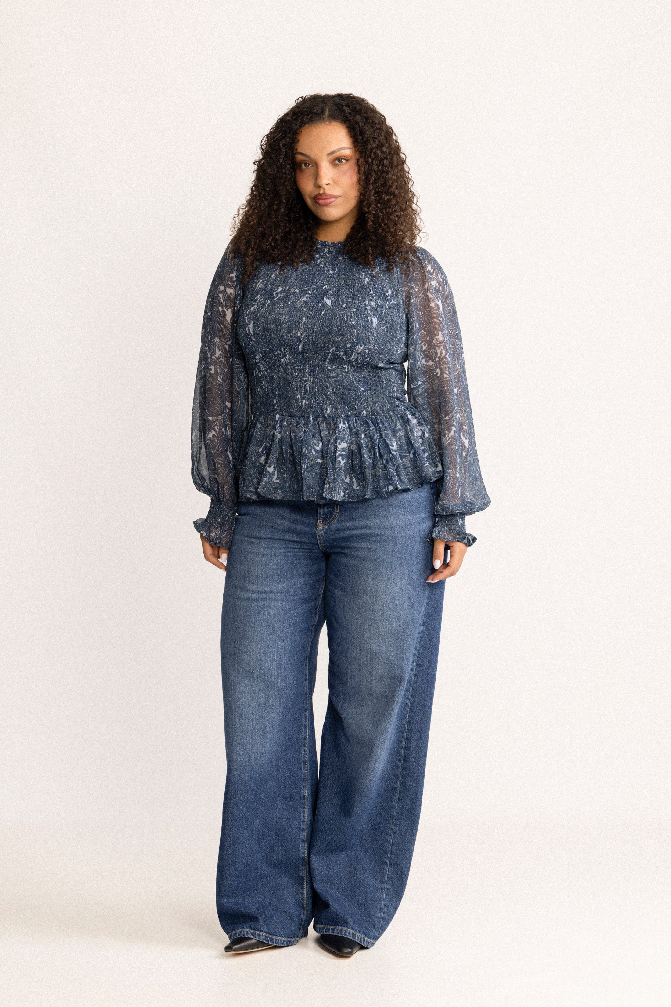 Rira Smock Chiffon Blouse - Blue Paisley