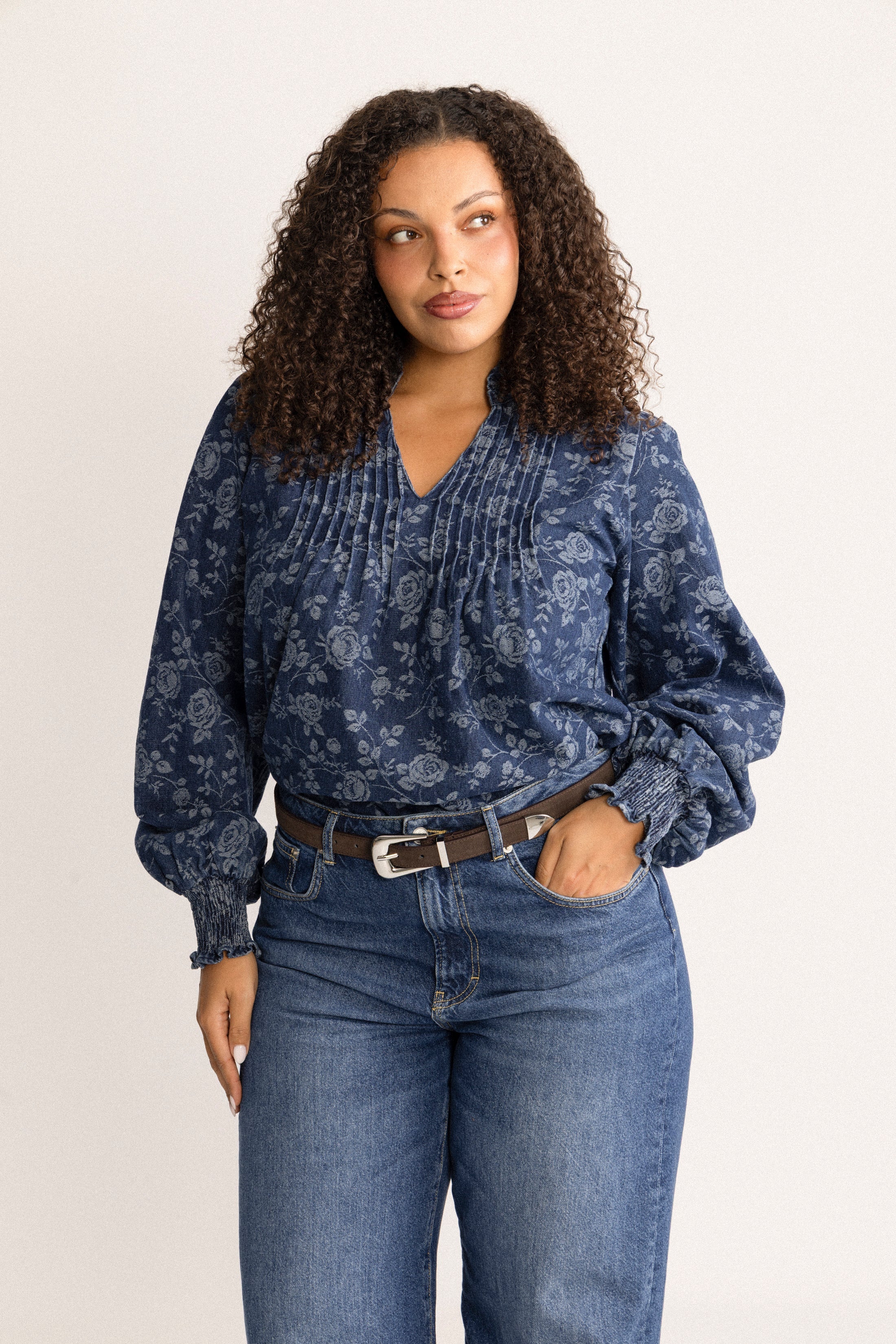 Emma Denim Jacquard Blouse - Blue Flower