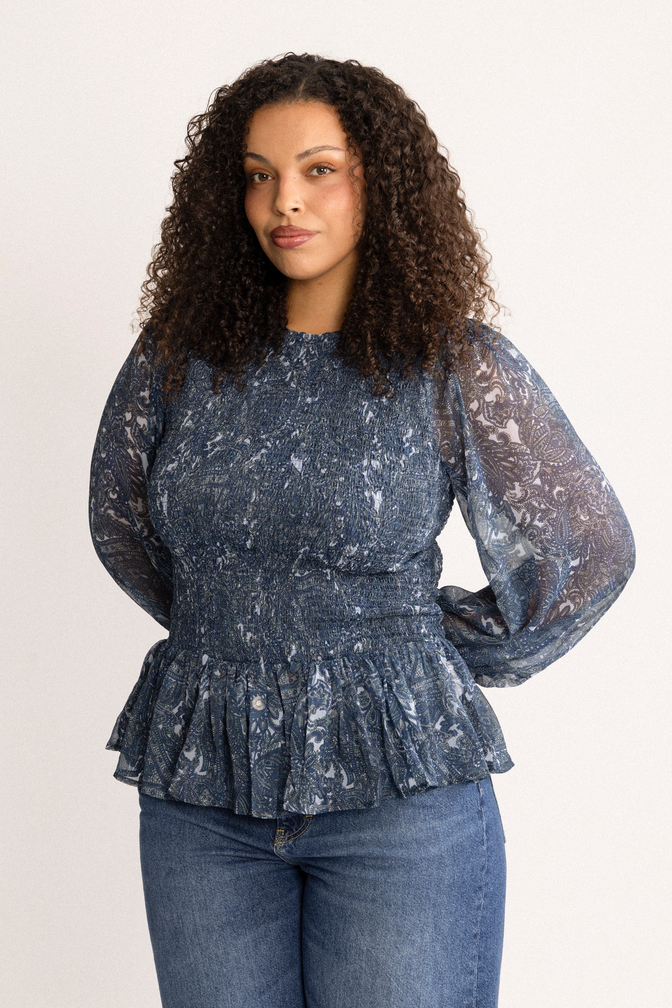 Rira Smock Chiffon Blouse - Blue Paisley