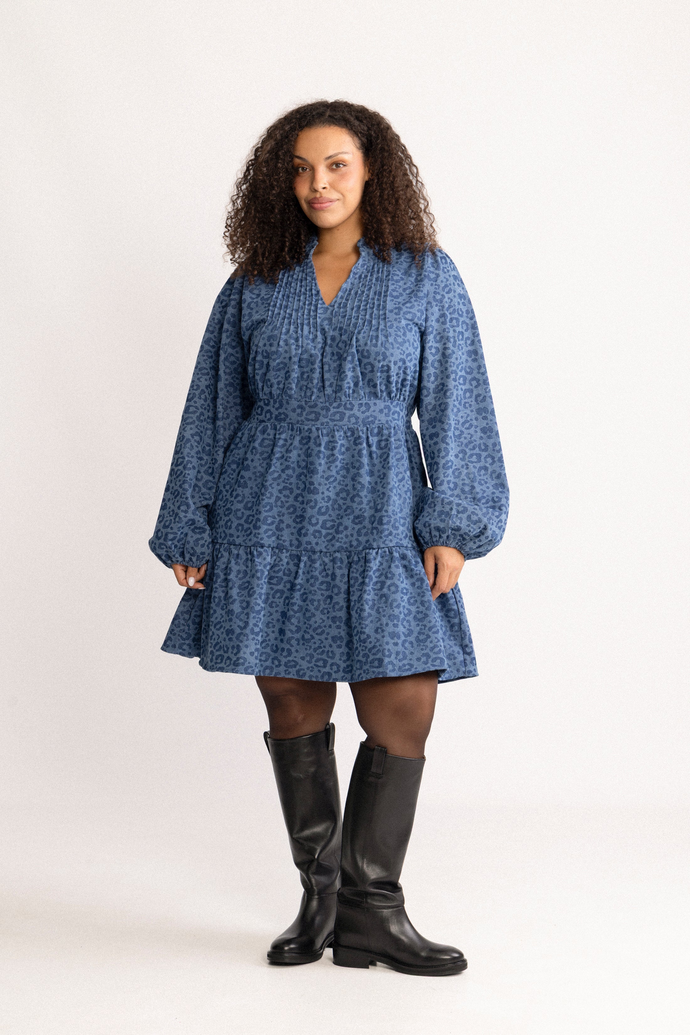 Evina Denim Leo Dress - Blue Leopard