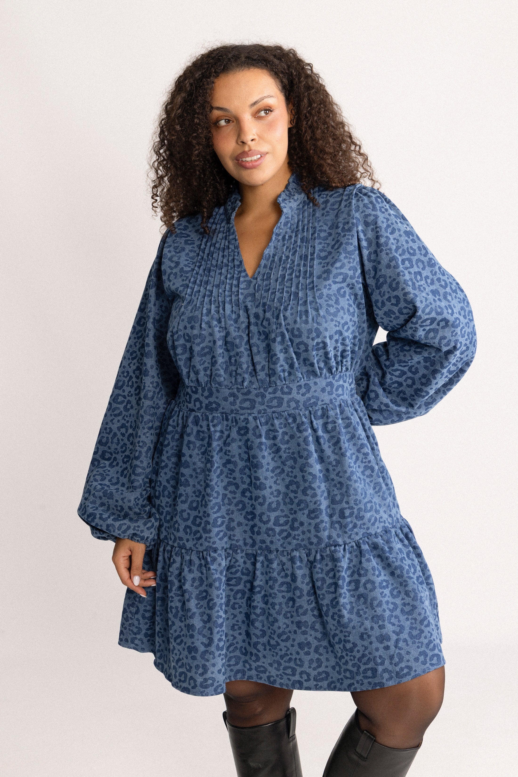 Evina Denim Leo Dress - Blue Leopard