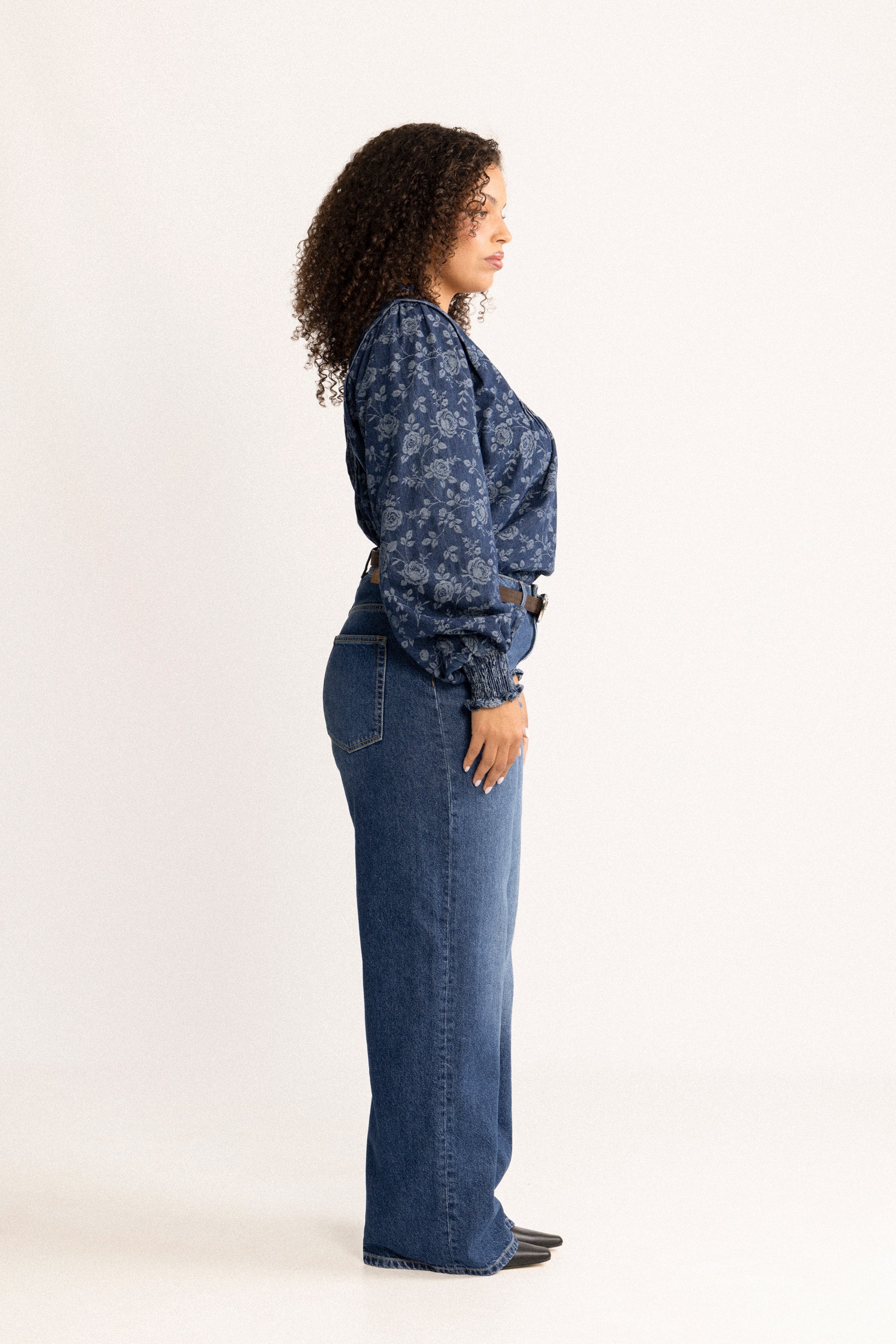 Emma Denim Jacquard Blouse - Blue Flower