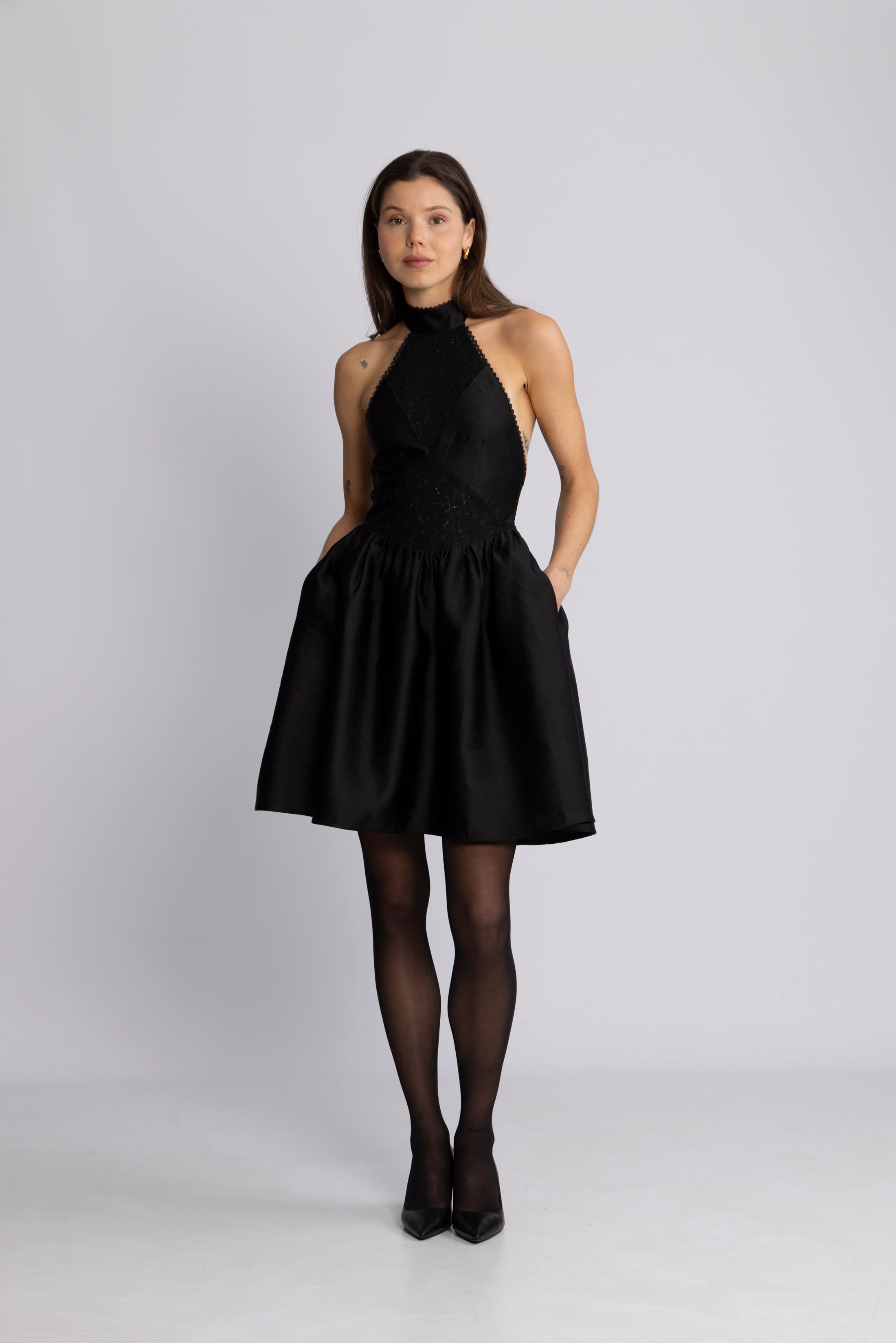 Swan Halter Mini Dress - Black