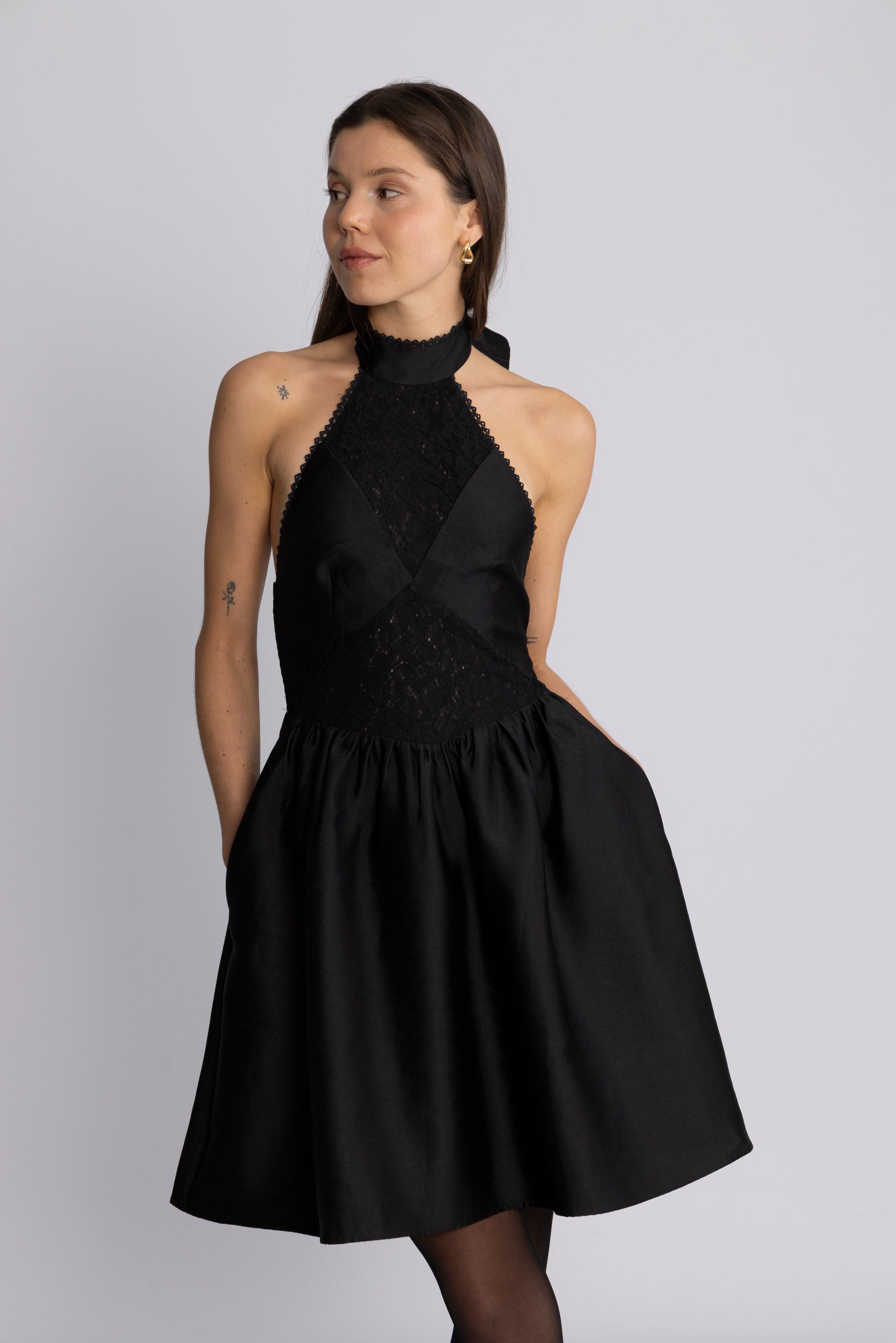 Swan Halter Mini Dress - Black