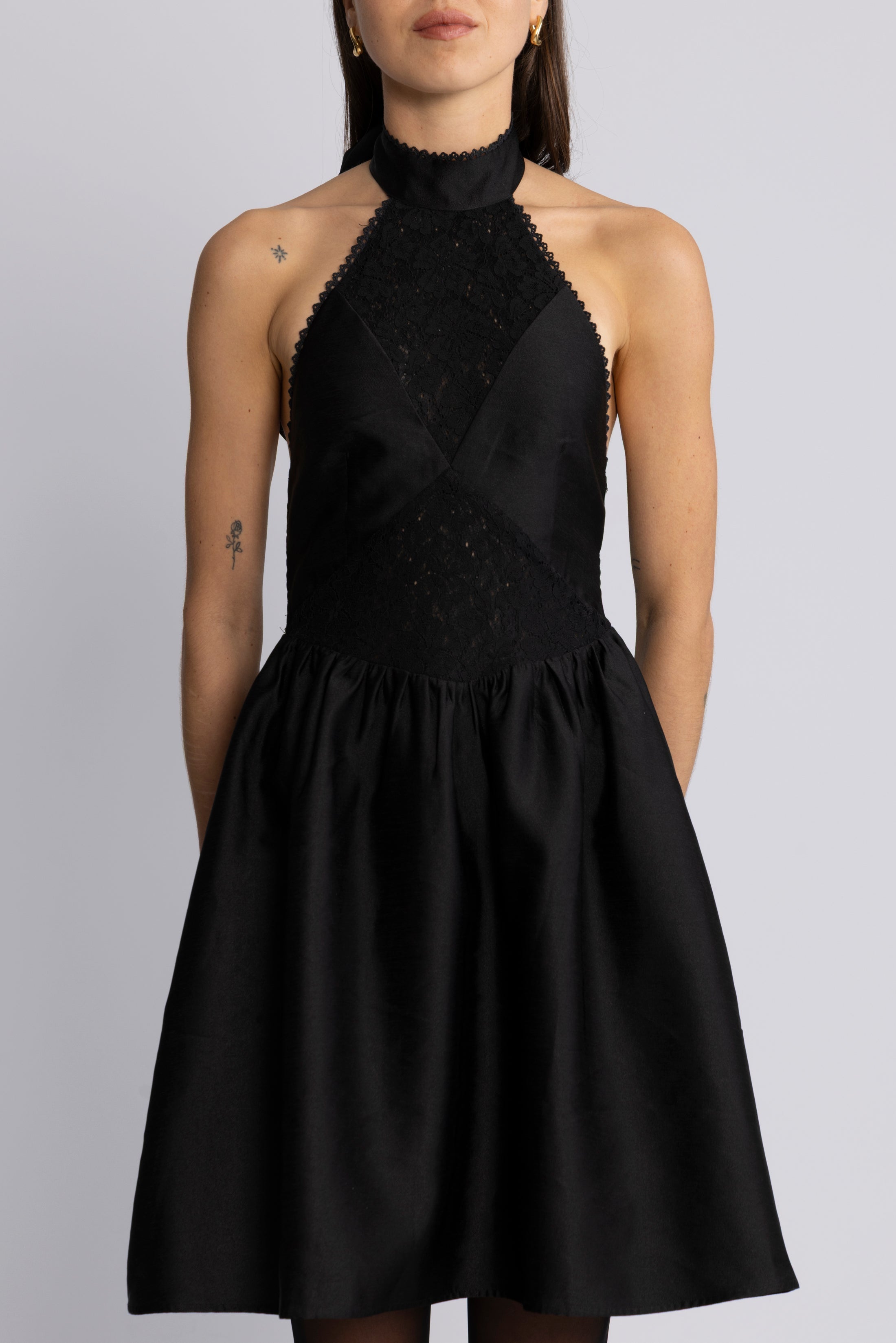 Swan Halter Mini Dress - Black