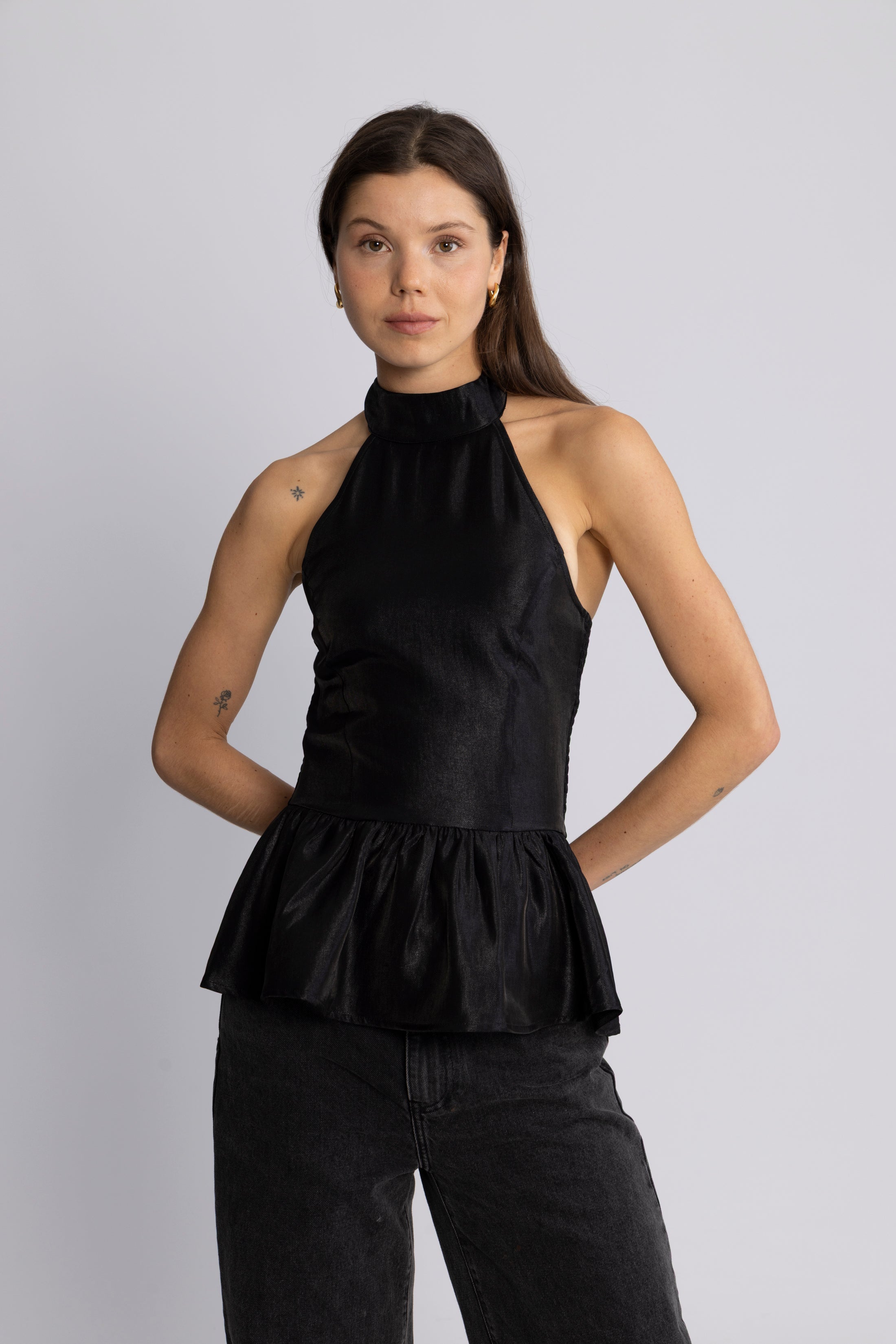 Betty Peplum Halter Neck Top - Black