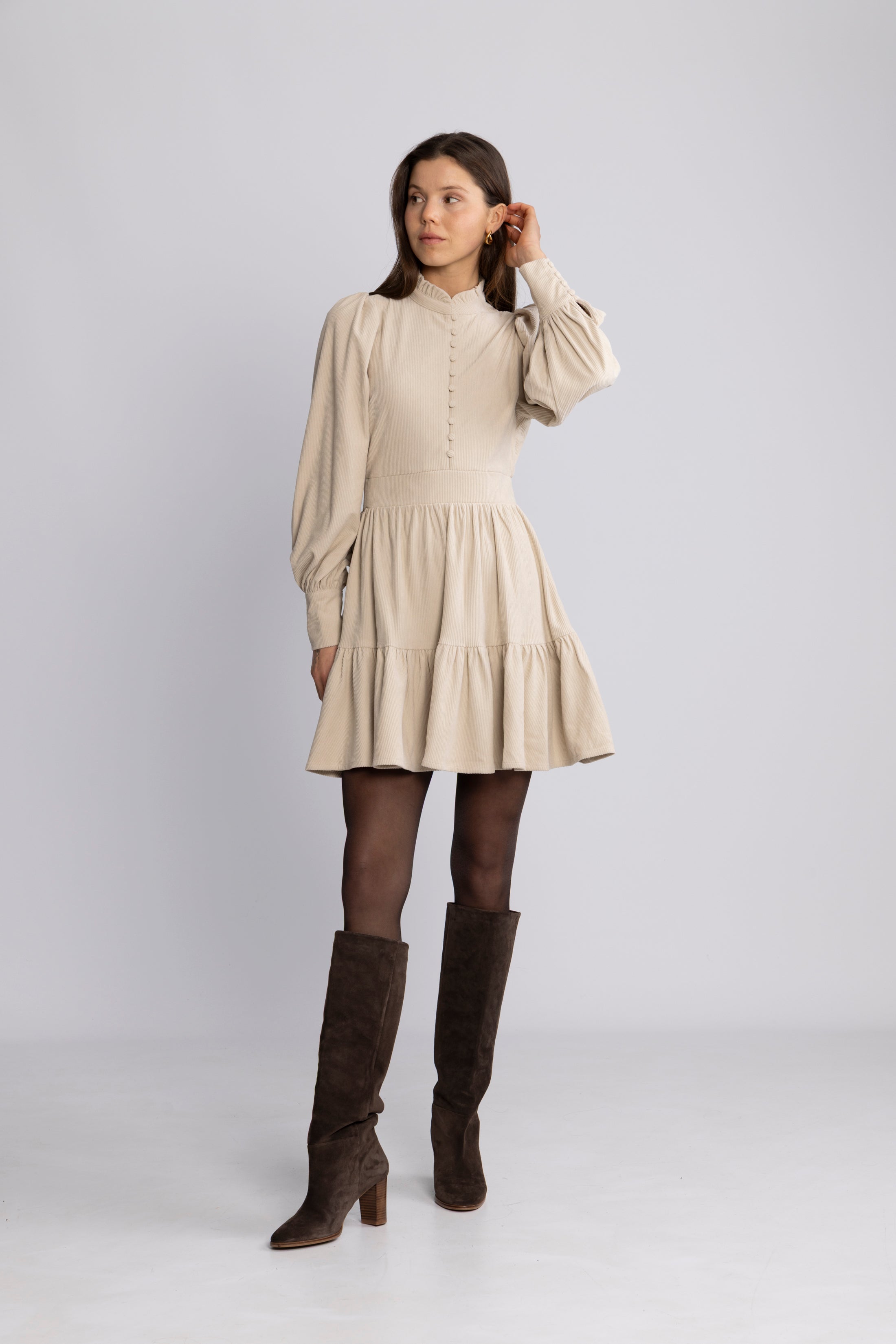 Liv Cord Solid Dress - Creme