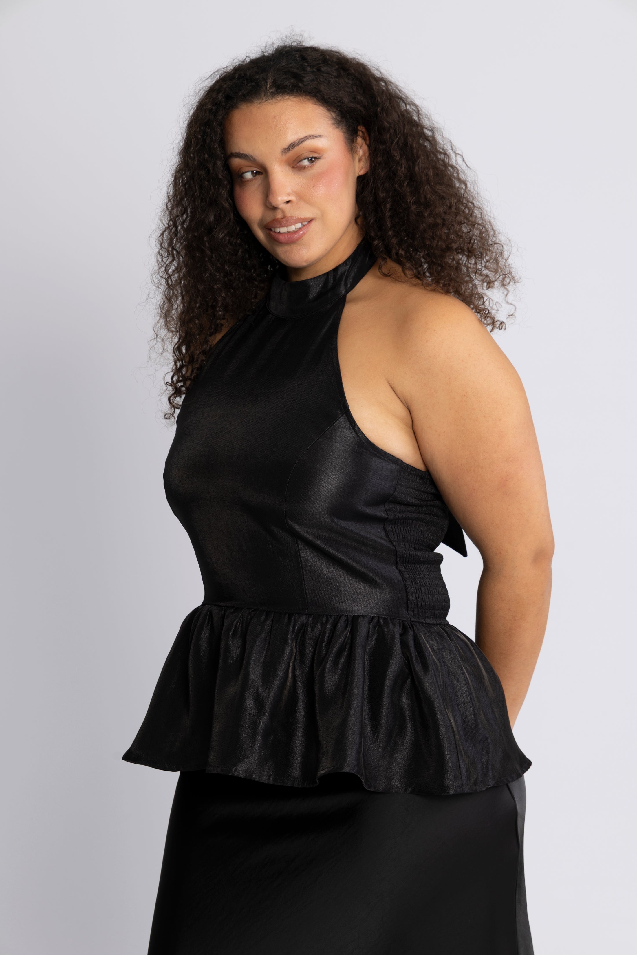 Betty Peplum Halter Neck Top - Black