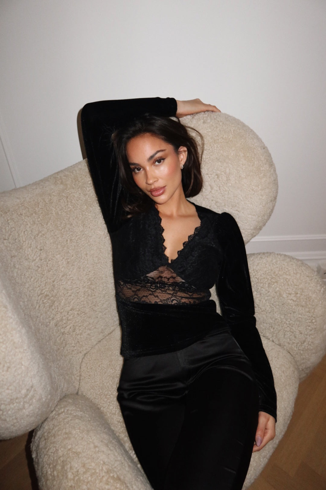 Viola Lace Velour Top - Black