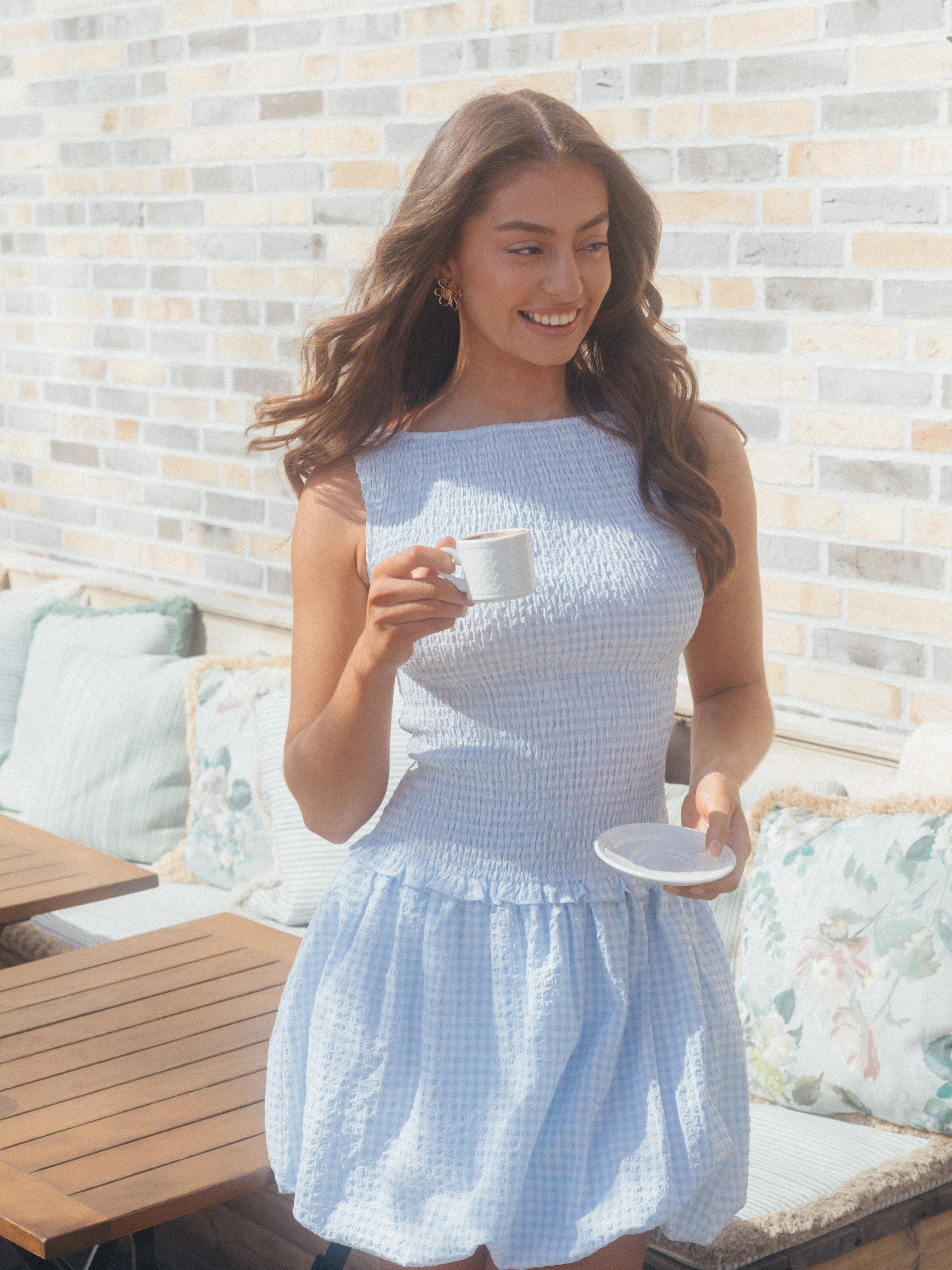 Tora Gingham Mini Dress - Light Blue