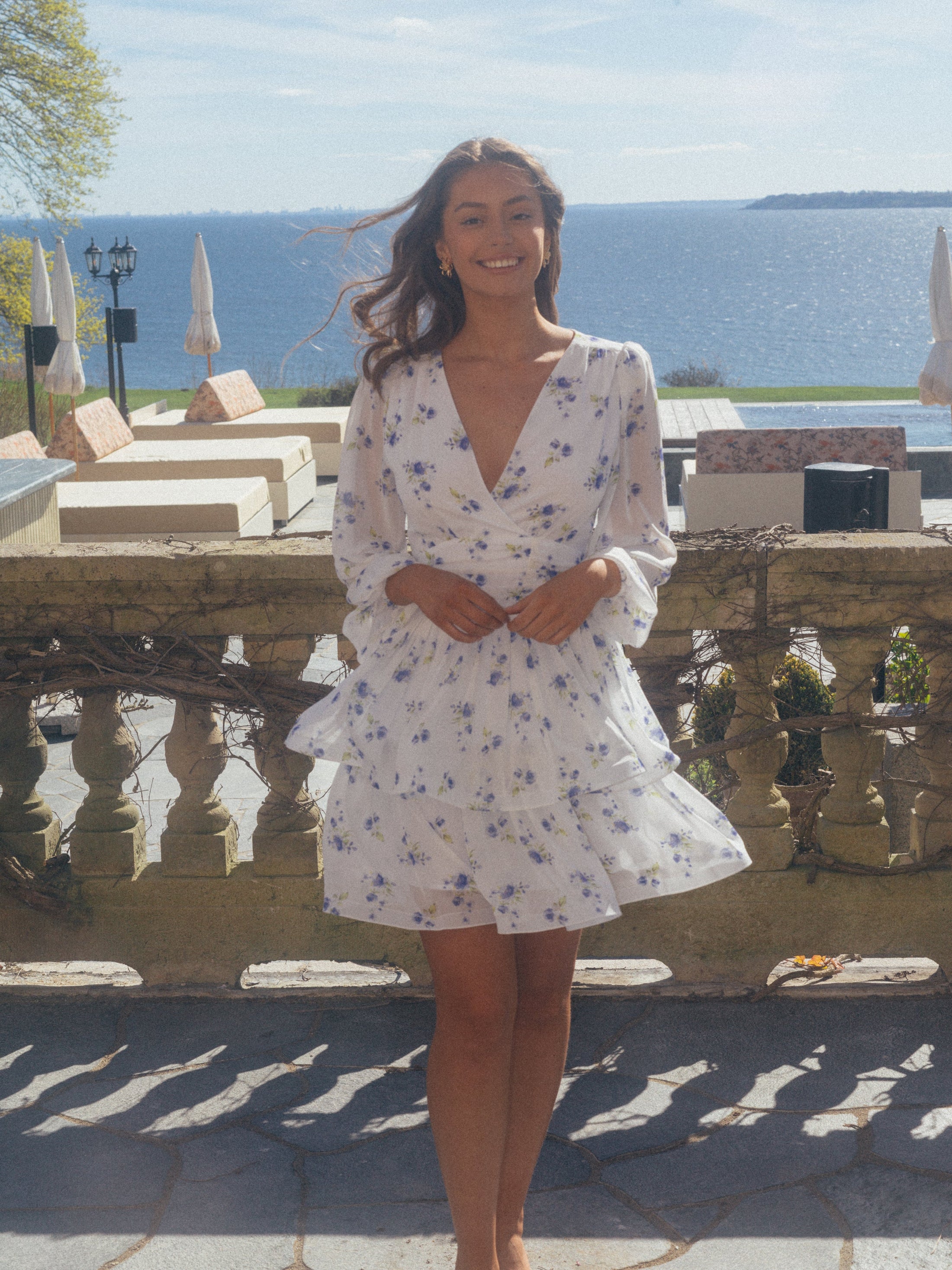 Jade Wave Chiffon Floret Dress - White/Blue