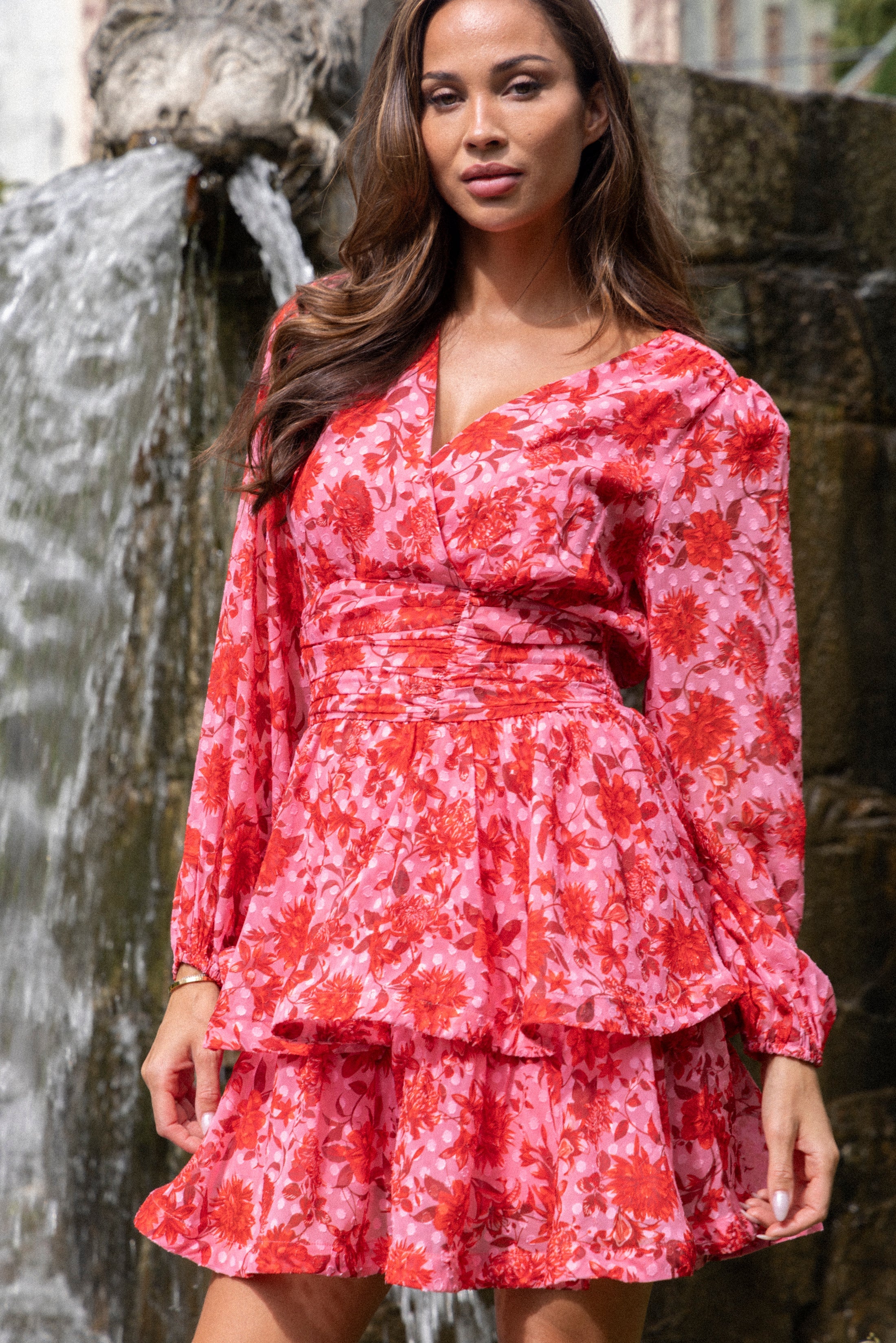 Jade Wave Flower Dot Dress - Flower Red