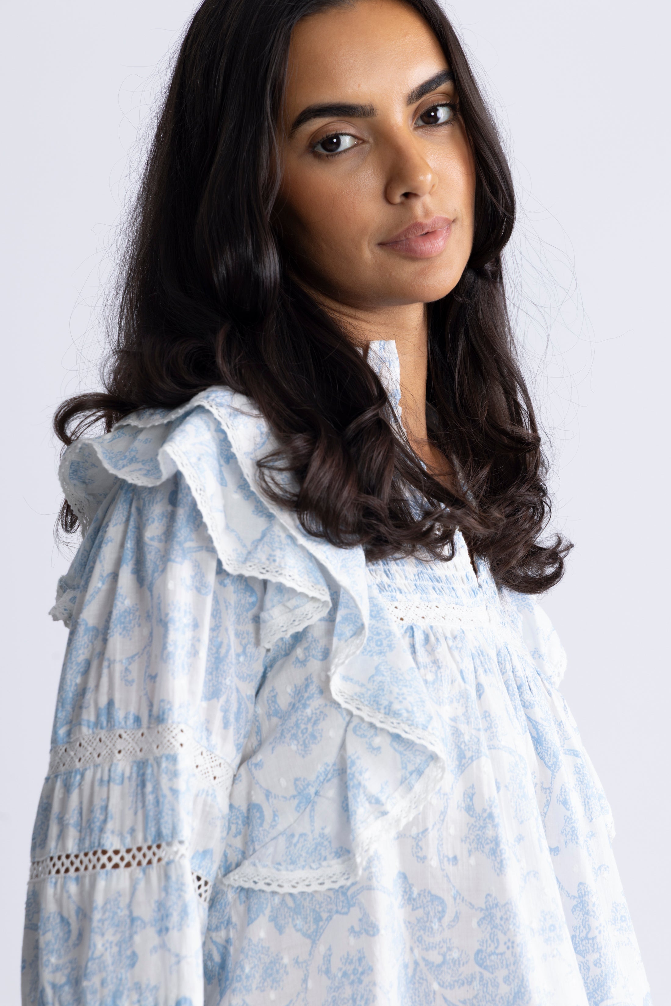 Vårun Flower Dobby Blouse - Blue Dobby Flower