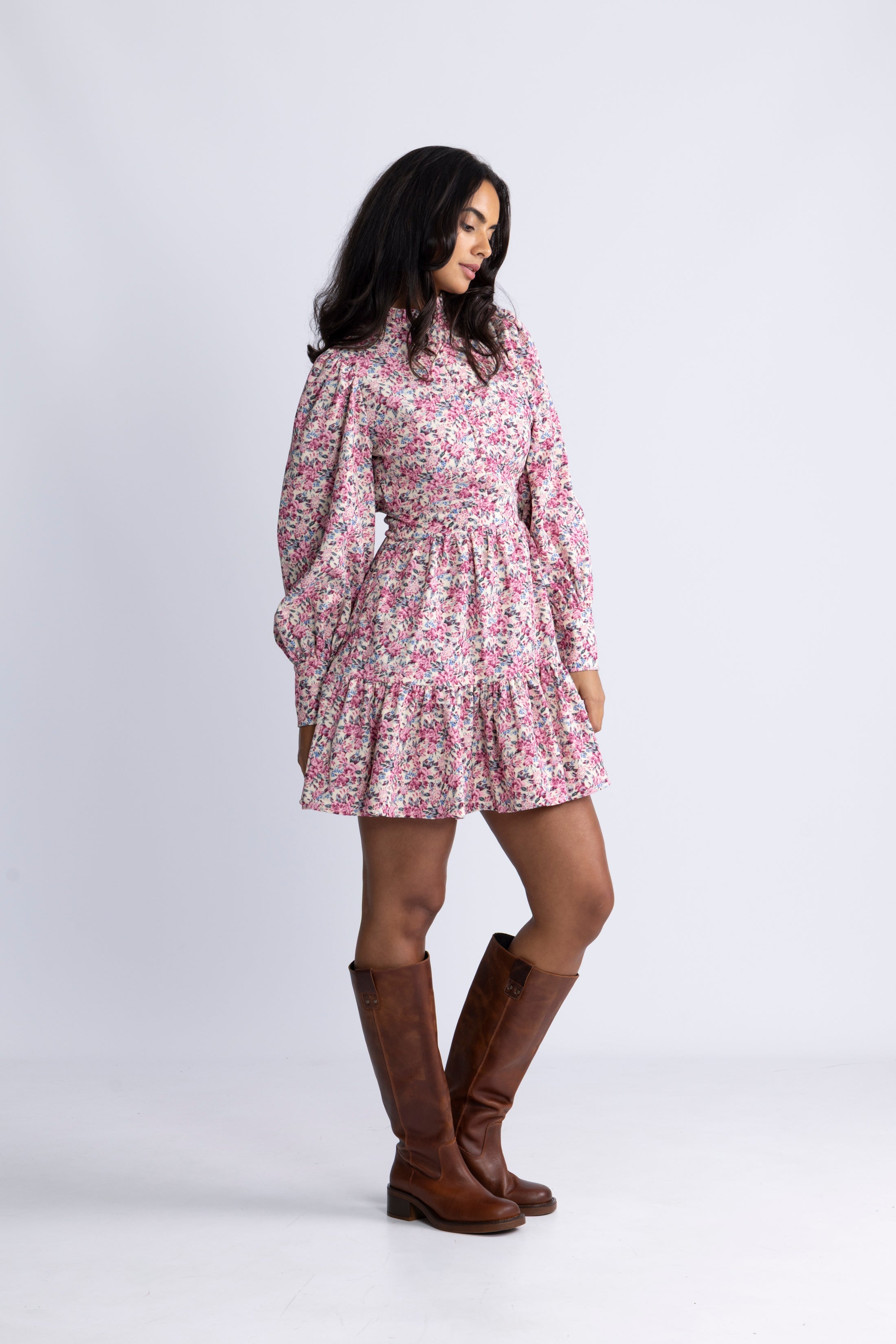 Liv Cord Flower Dress - Pink Flower