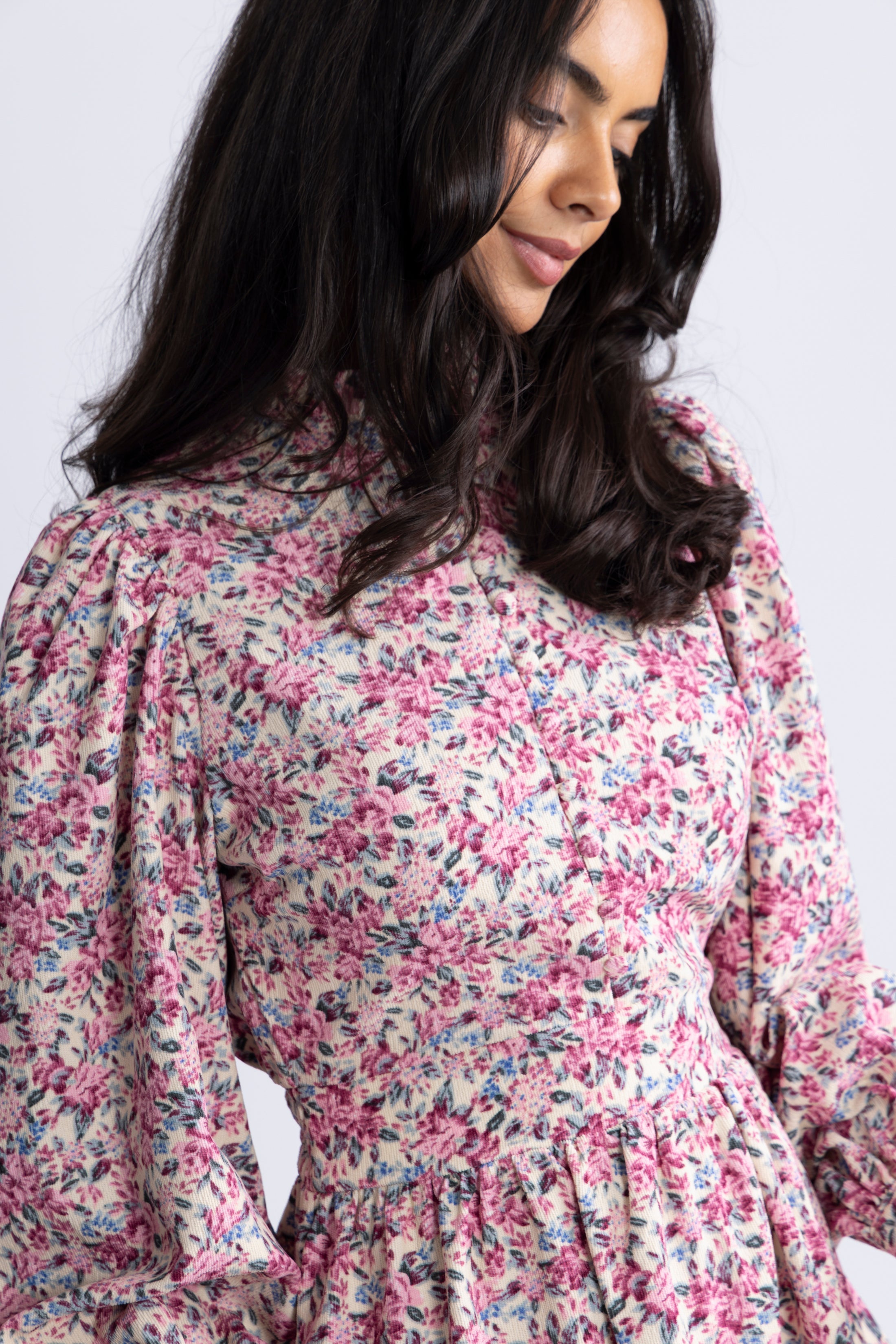 Liv Cord Flower Dress - Pink Flower