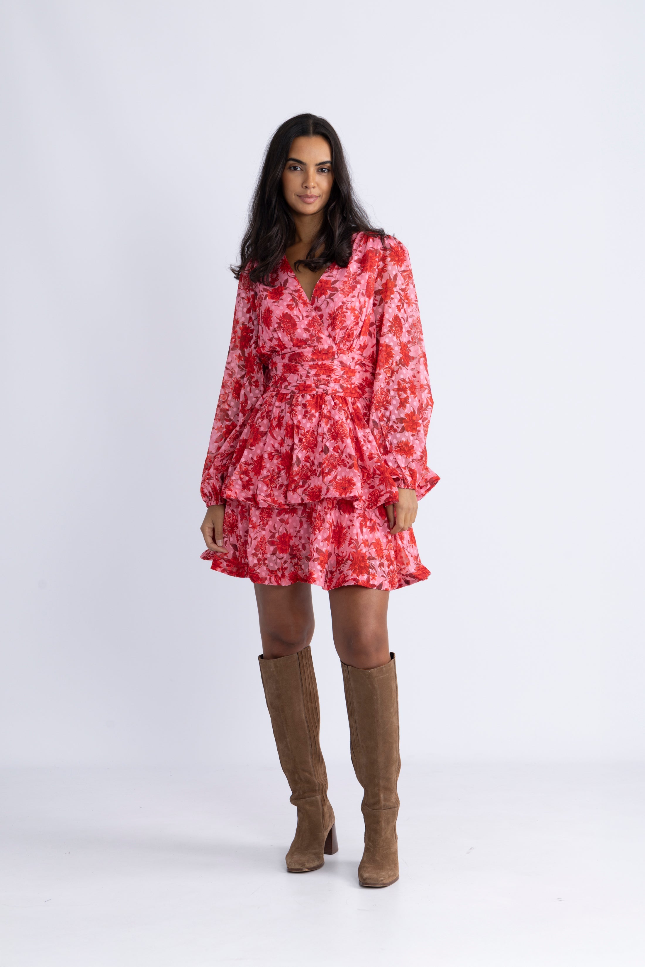 Jade Wave Flower Dot Dress - Flower Red