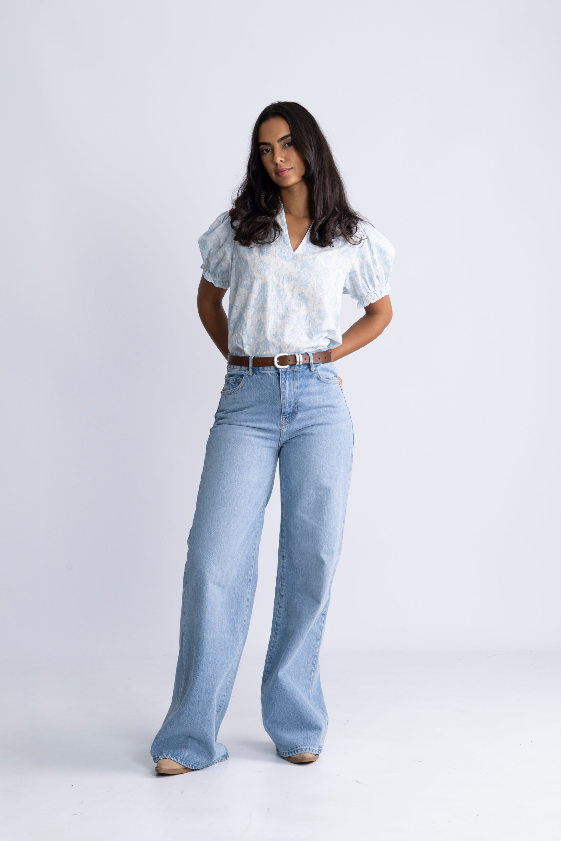 Signy Flower Dobby Blouse - Blue Dobby Flower