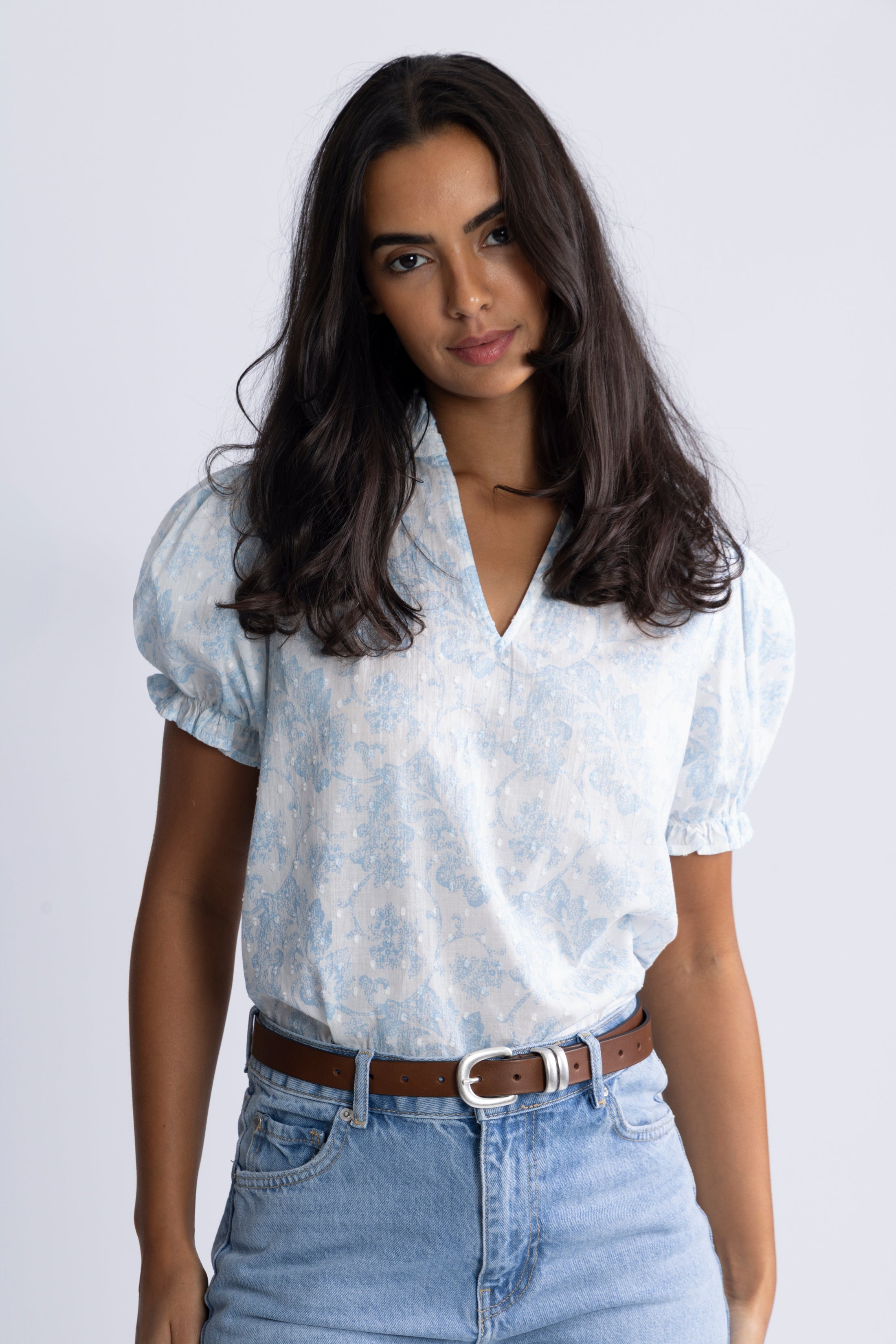 Signy Flower Dobby Blouse - Blue Dobby Flower