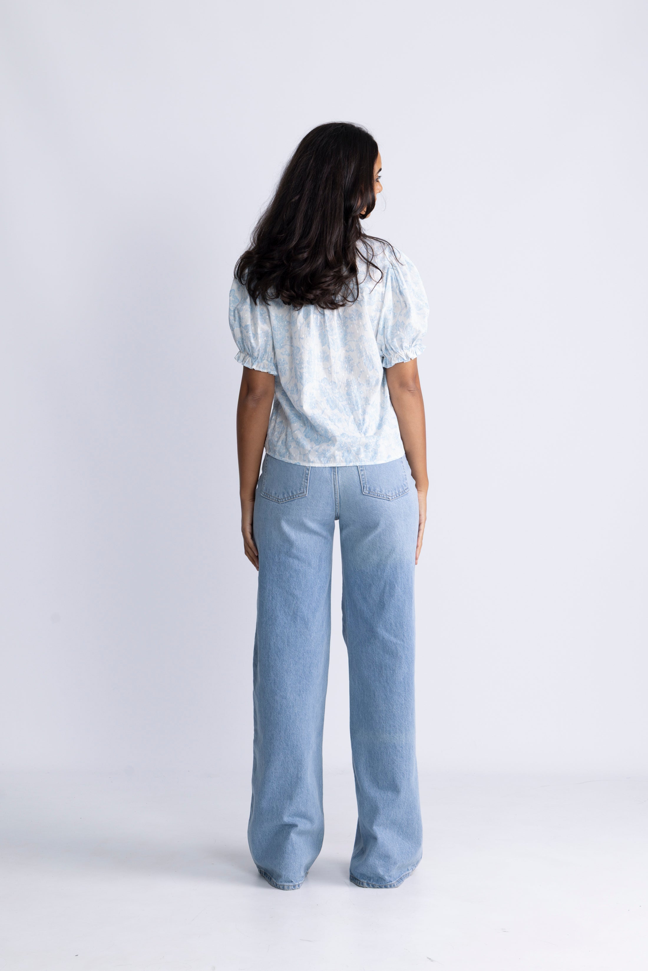 Signy Flower Dobby Blouse - Blue Dobby Flower