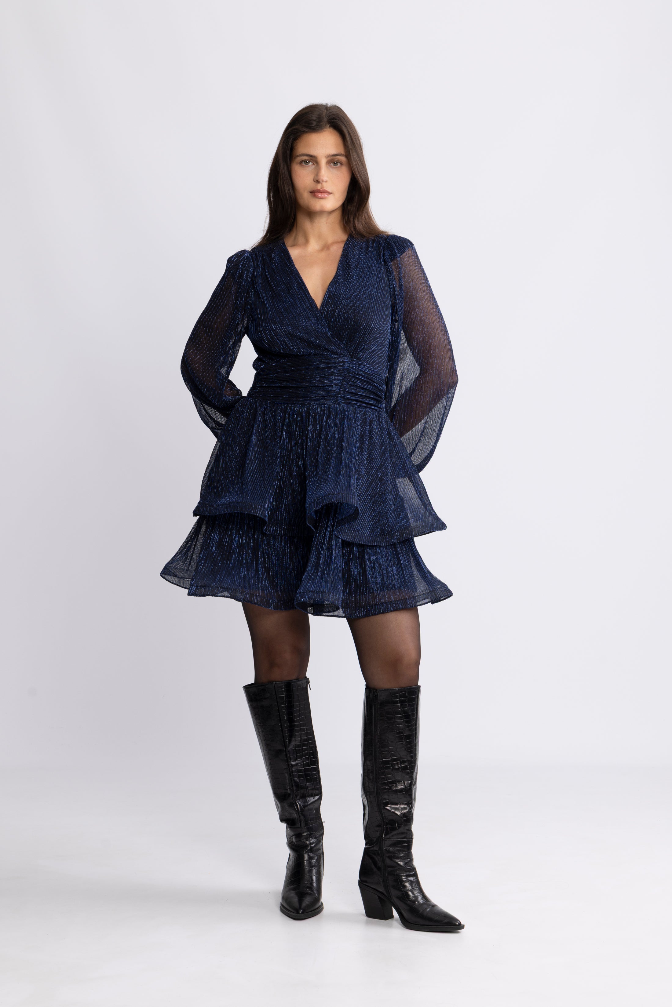 Jade Wave Pleated Dress - Navy