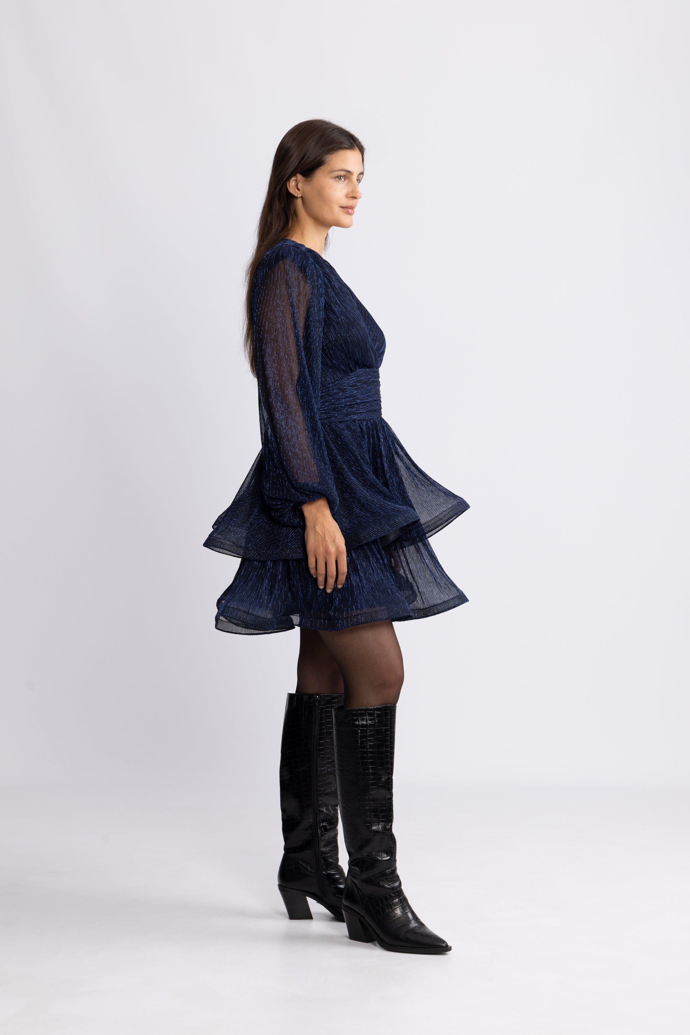 Jade Wave Plisse Dress - Navy