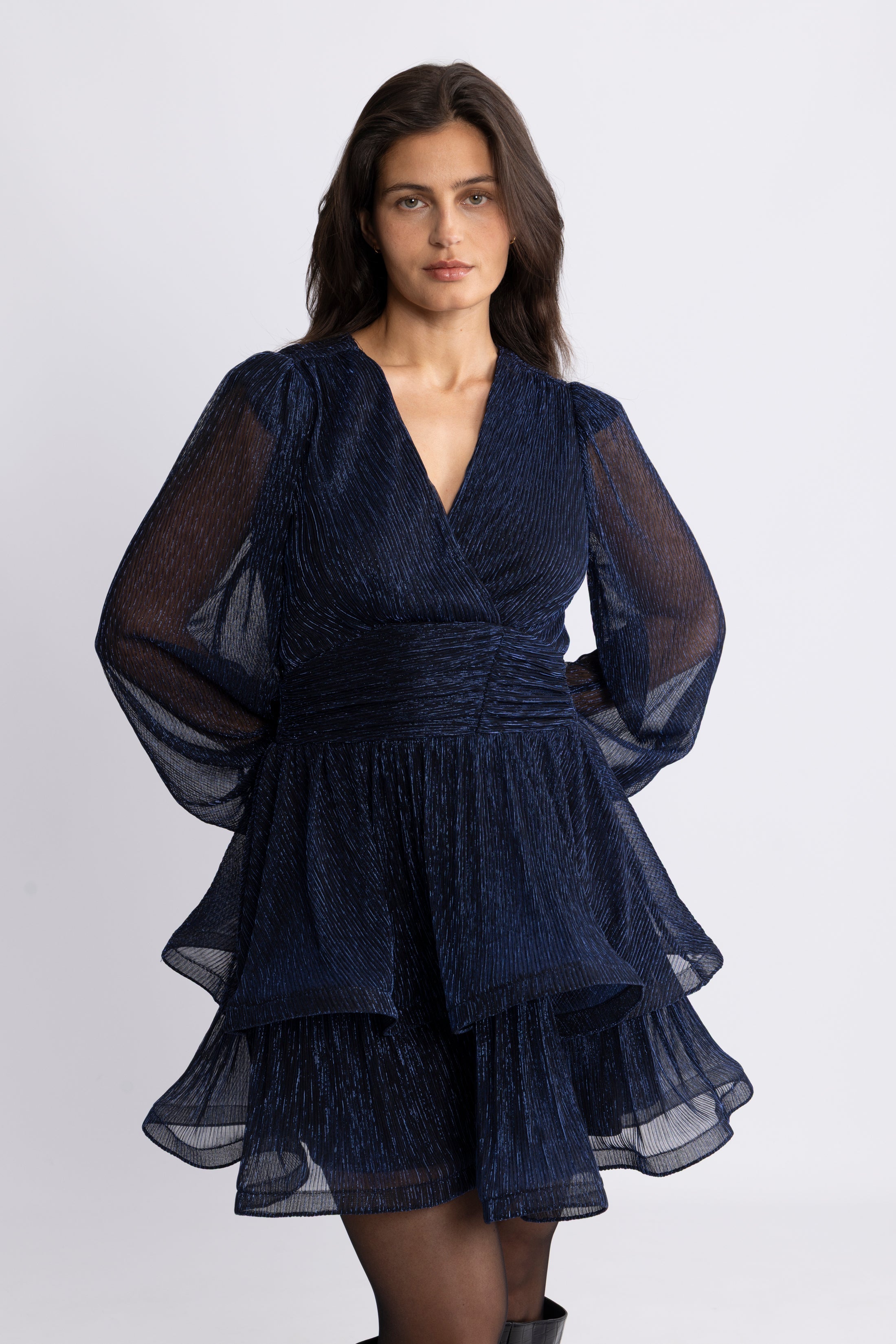 Jade Wave Pleated Dress - Navy