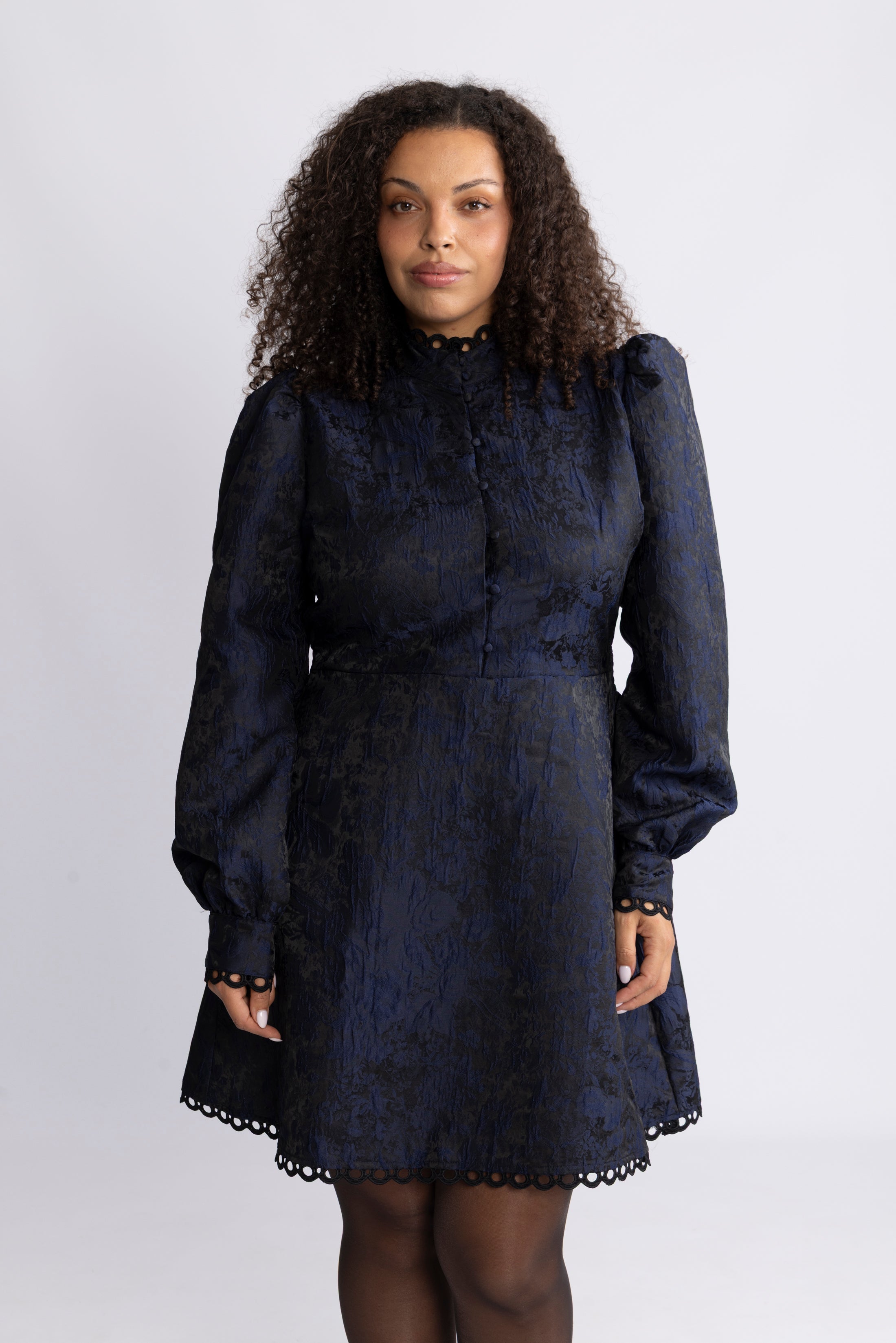 Bergine Brocade Pattern Dress - Dark Navy