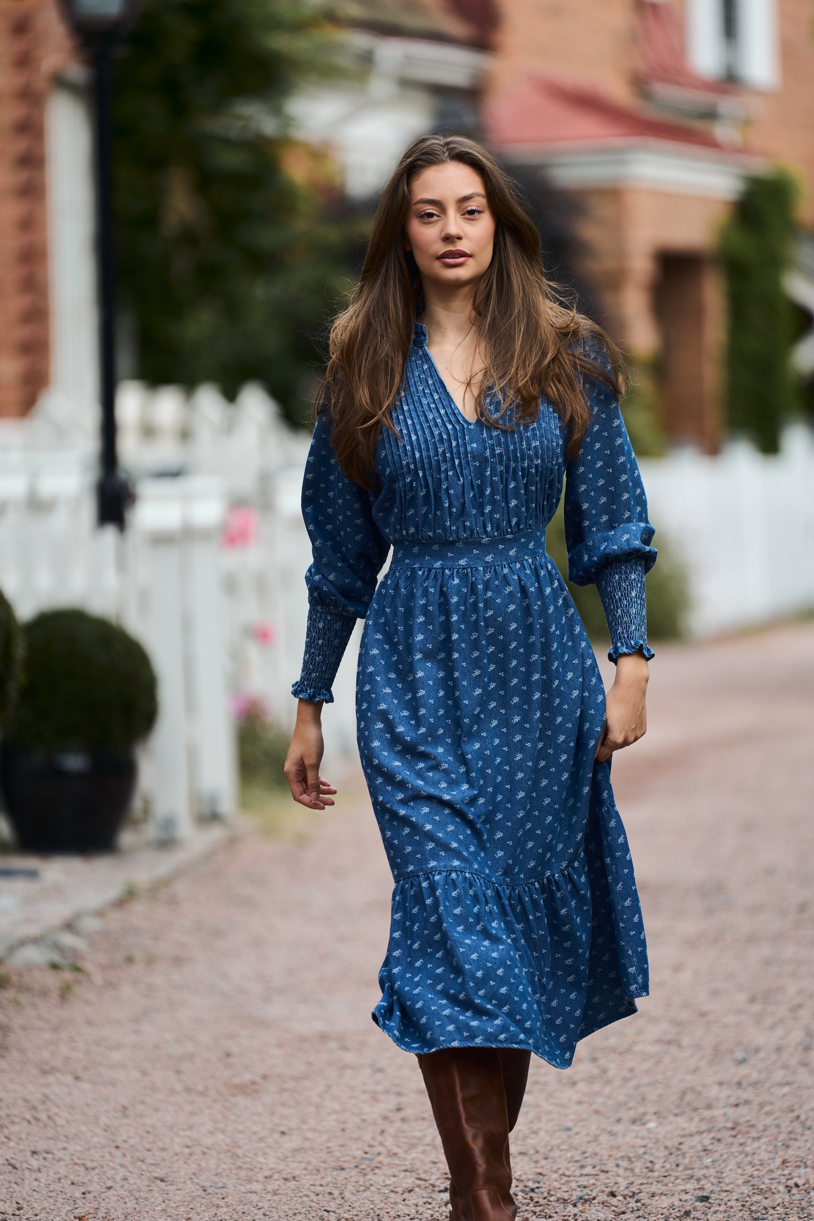 Evina Denim Flower Midi Dress - Blue Floral