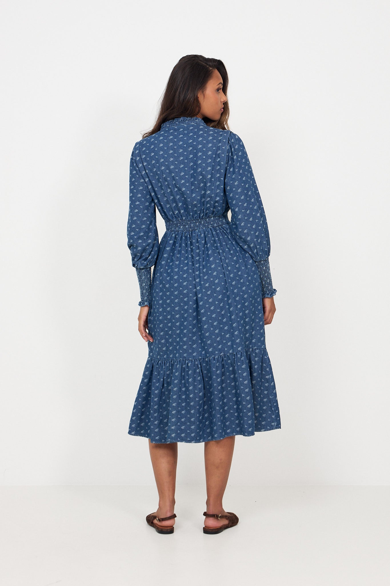 Evina Denim Flower Midi Dress - Blue Floral