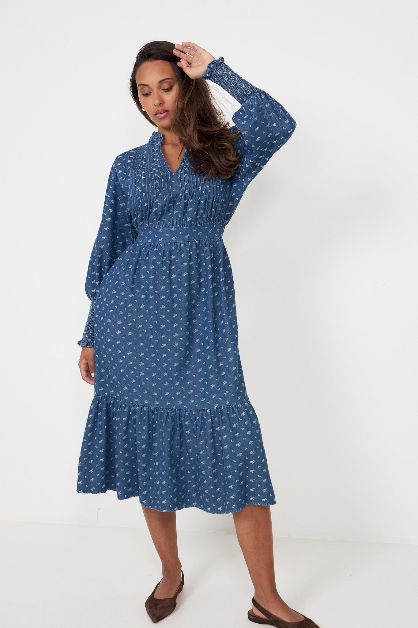 Evina Denim Flower Midi Dress - Blue Floral