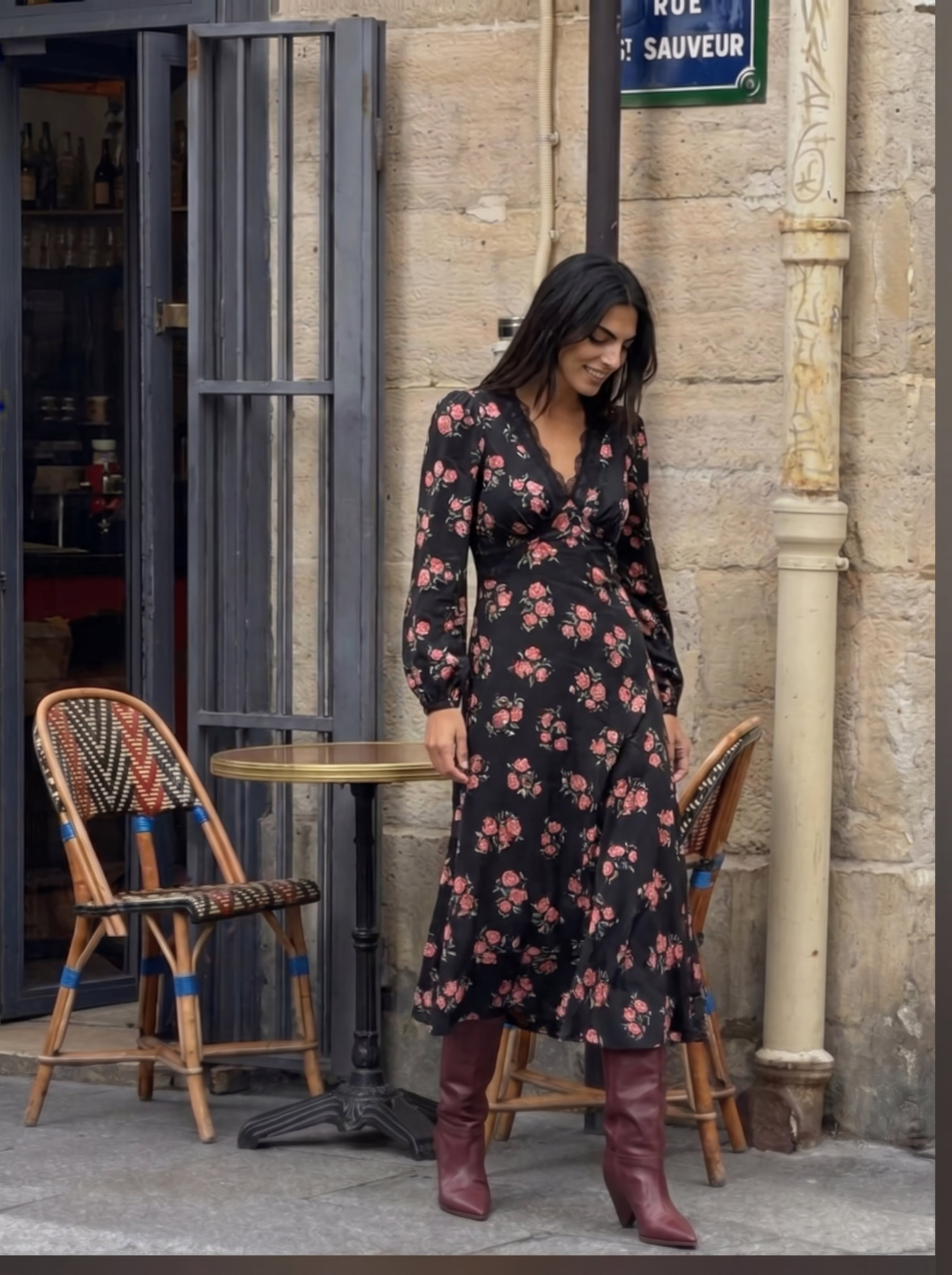 Annicken Floral Midi Dress - Black Floral