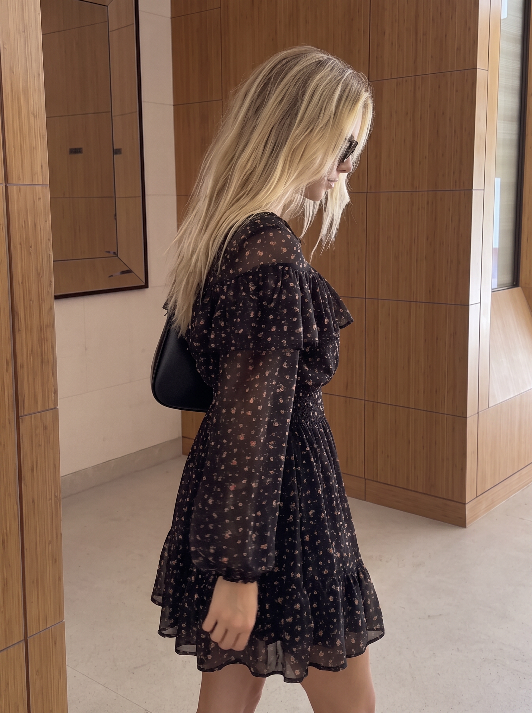 Eyra Chiffon Ruffle Mini Dress - Black Flower