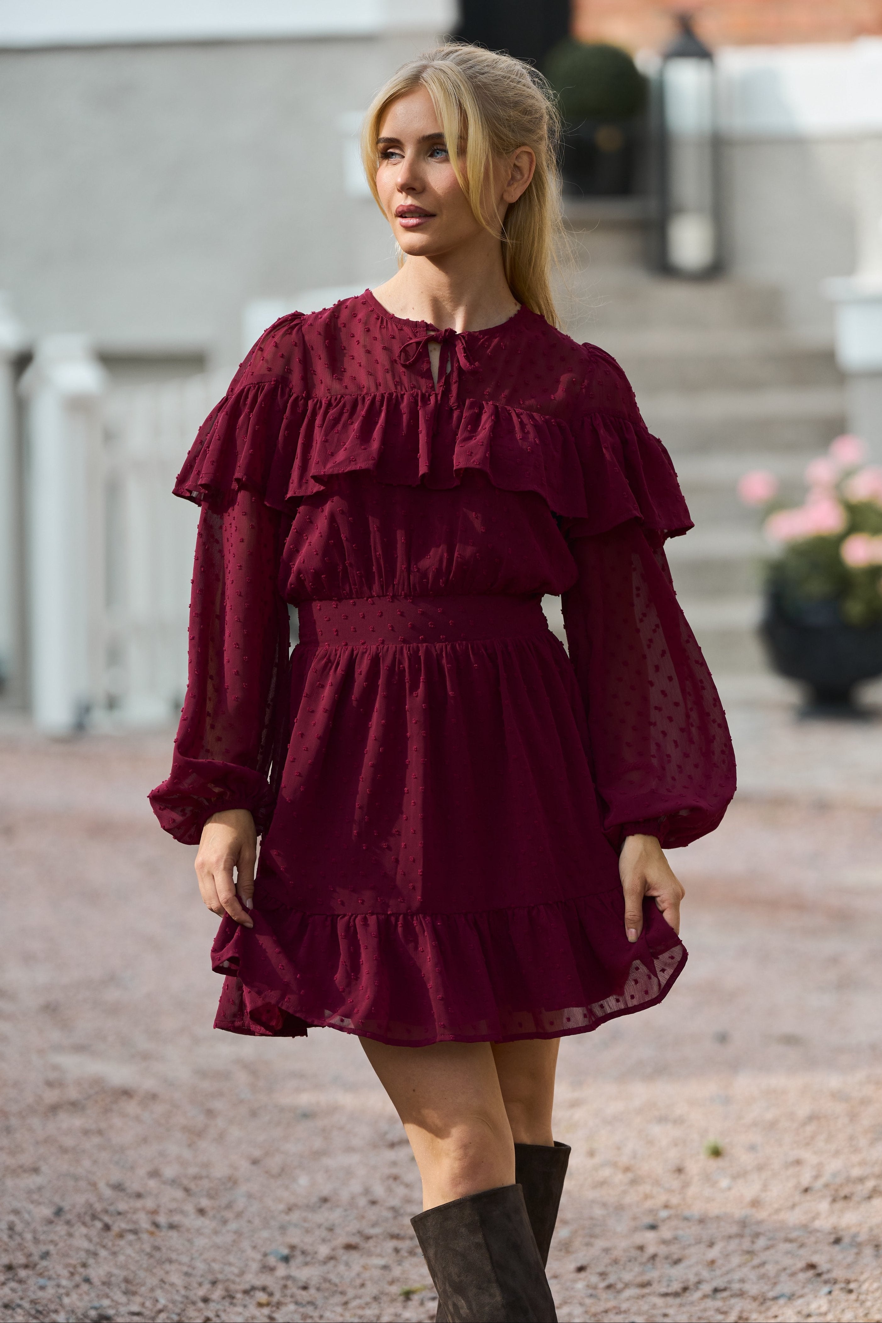 Eyra Ruffle Mini Dress - Bordeaux