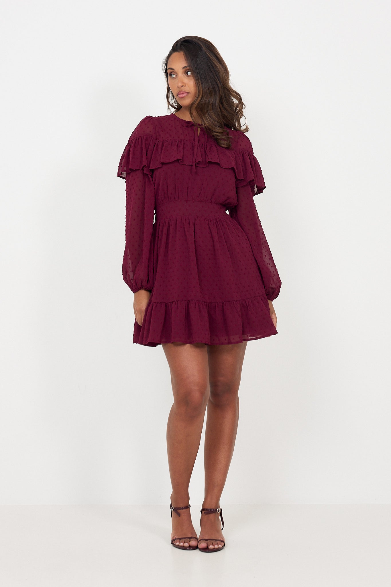 Eyra Ruffle Mini Dress - Bordeaux