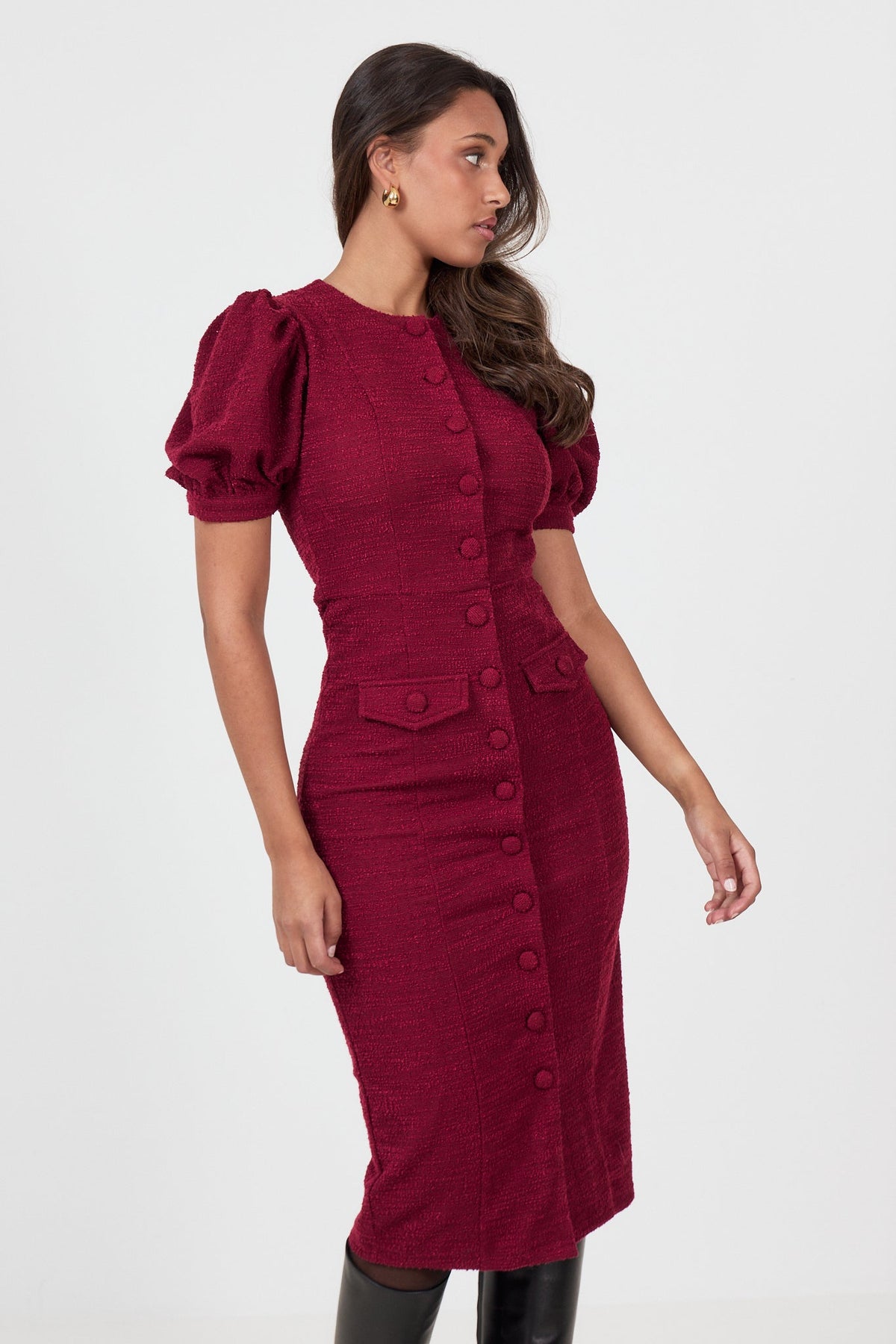 Irma Boucle Midi Dress - Bordeaux