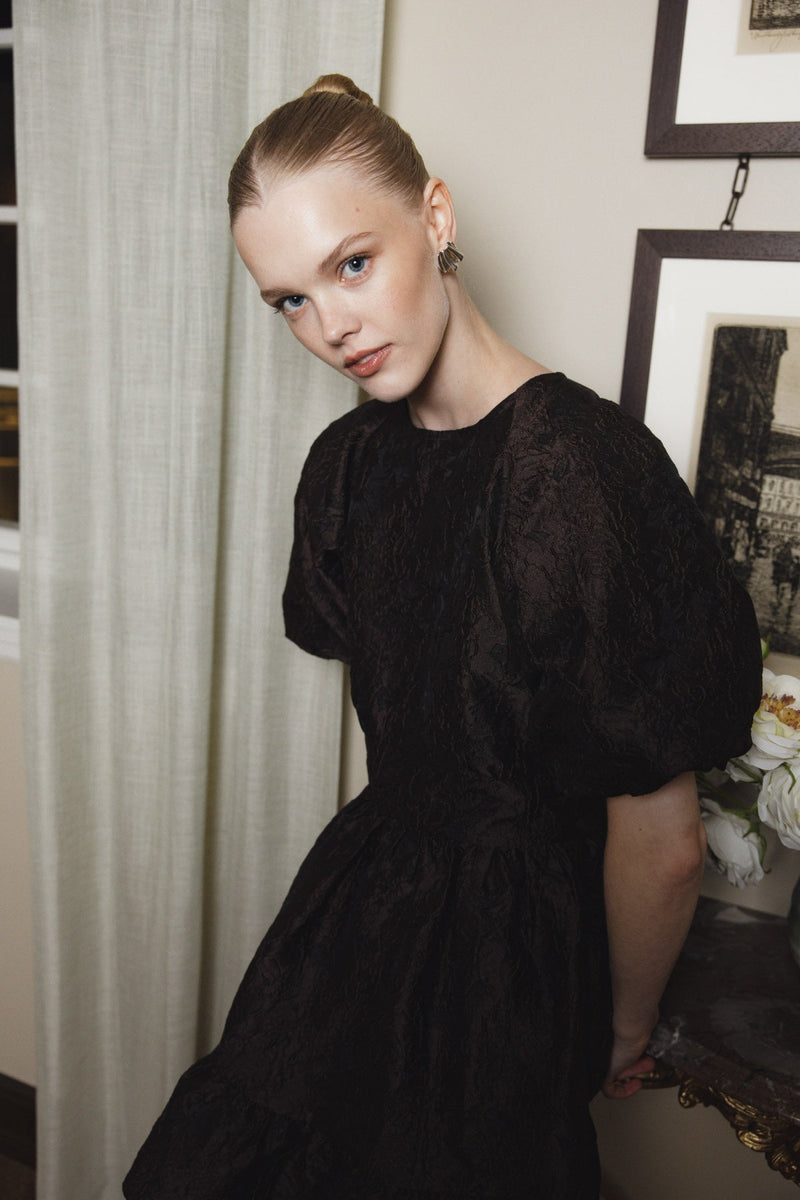 Svanhild Brocade Mini Dress - Dark Brown