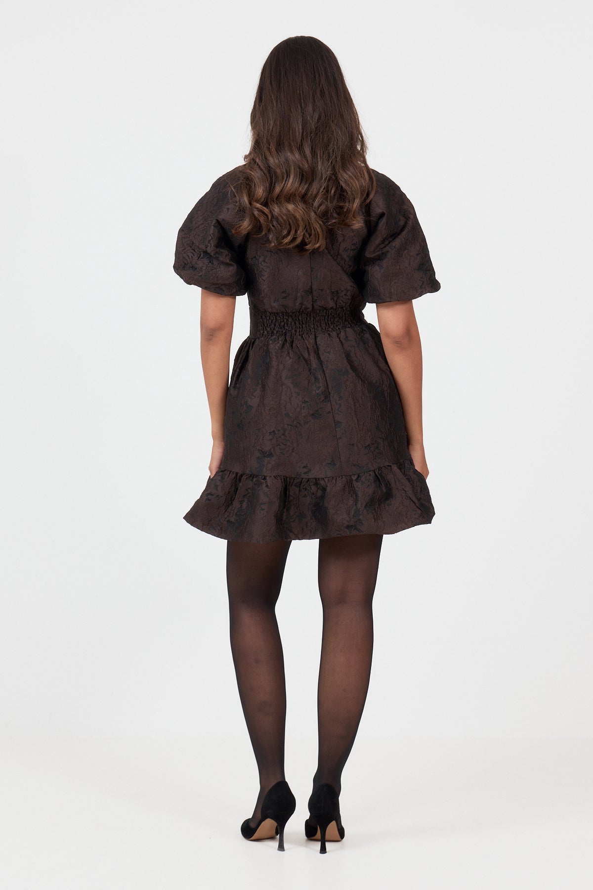 Svanhild Brocade Mini Dress - Dark Brown