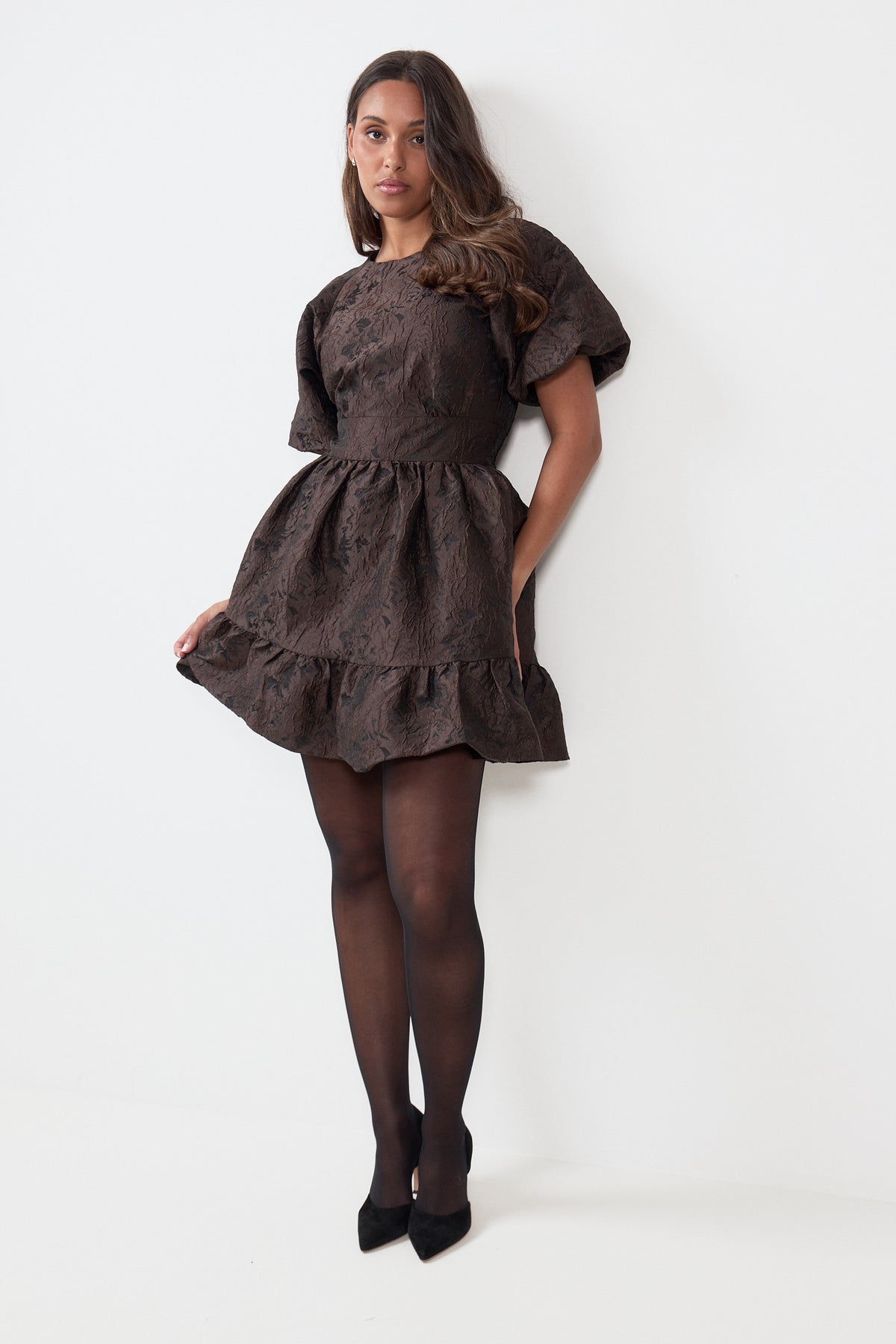 Svanhild Brocade Mini Dress - Dark Brown
