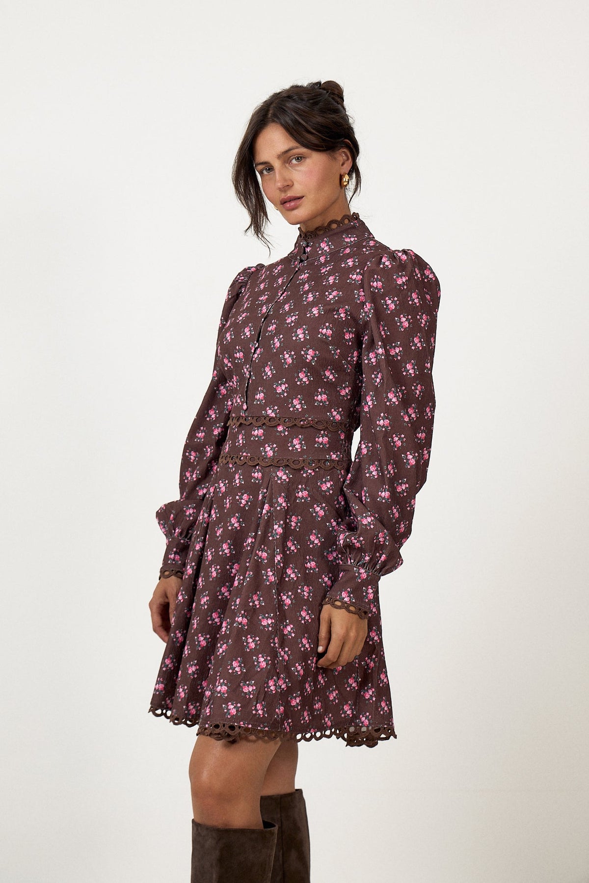 Disa Cord Mini Dress - Brown Floral