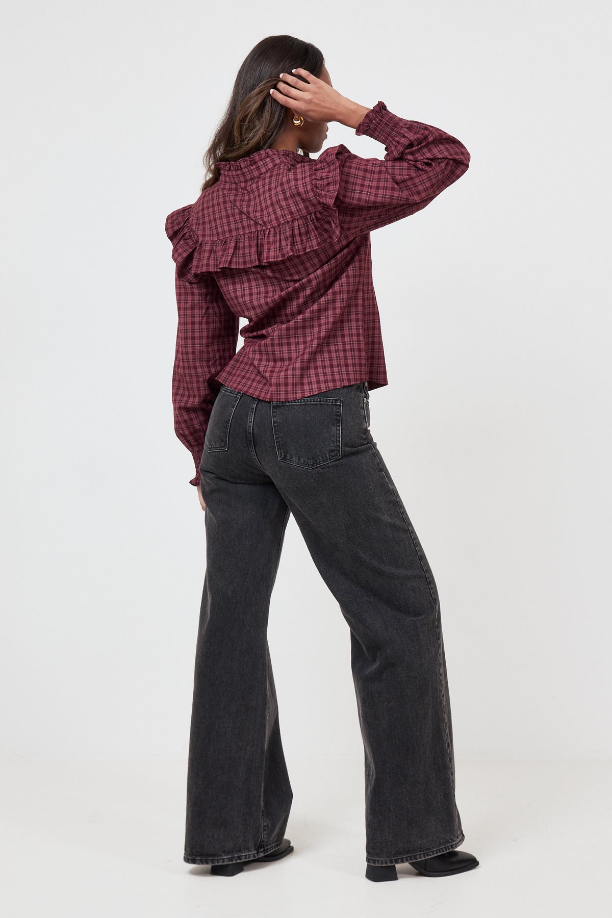 Dagny Checked Ruffle Blouse - Bordeaux
