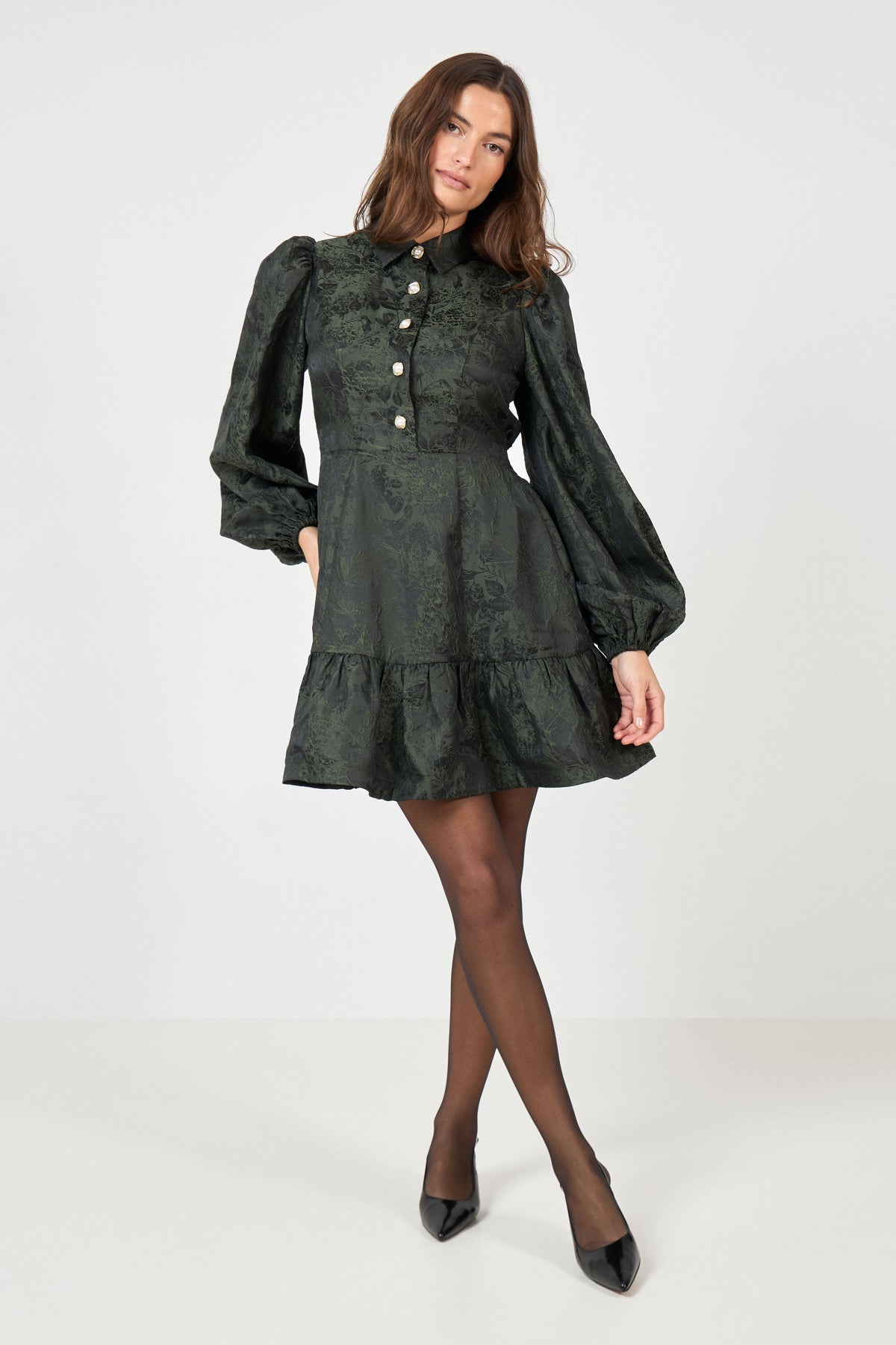Mandy Brocade Mini Dress - Dark Green