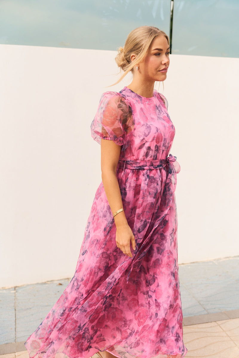 Elsa Flower Organza Maxi Dress - Pink