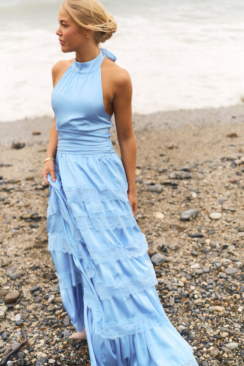Ingalu Satin Lace Maxi Dress - Light Blue